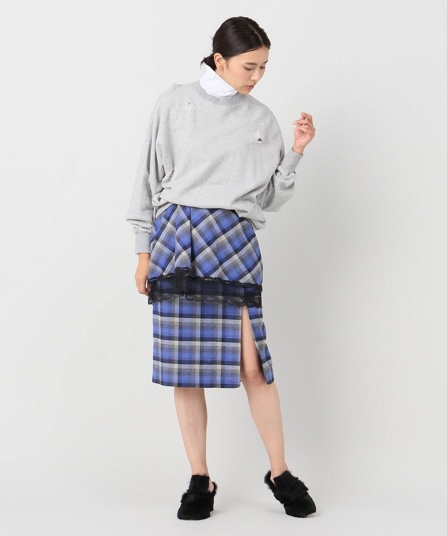 FACETASM/ファセッタズム】チェックxレーススカート（ひざ丈スカート  