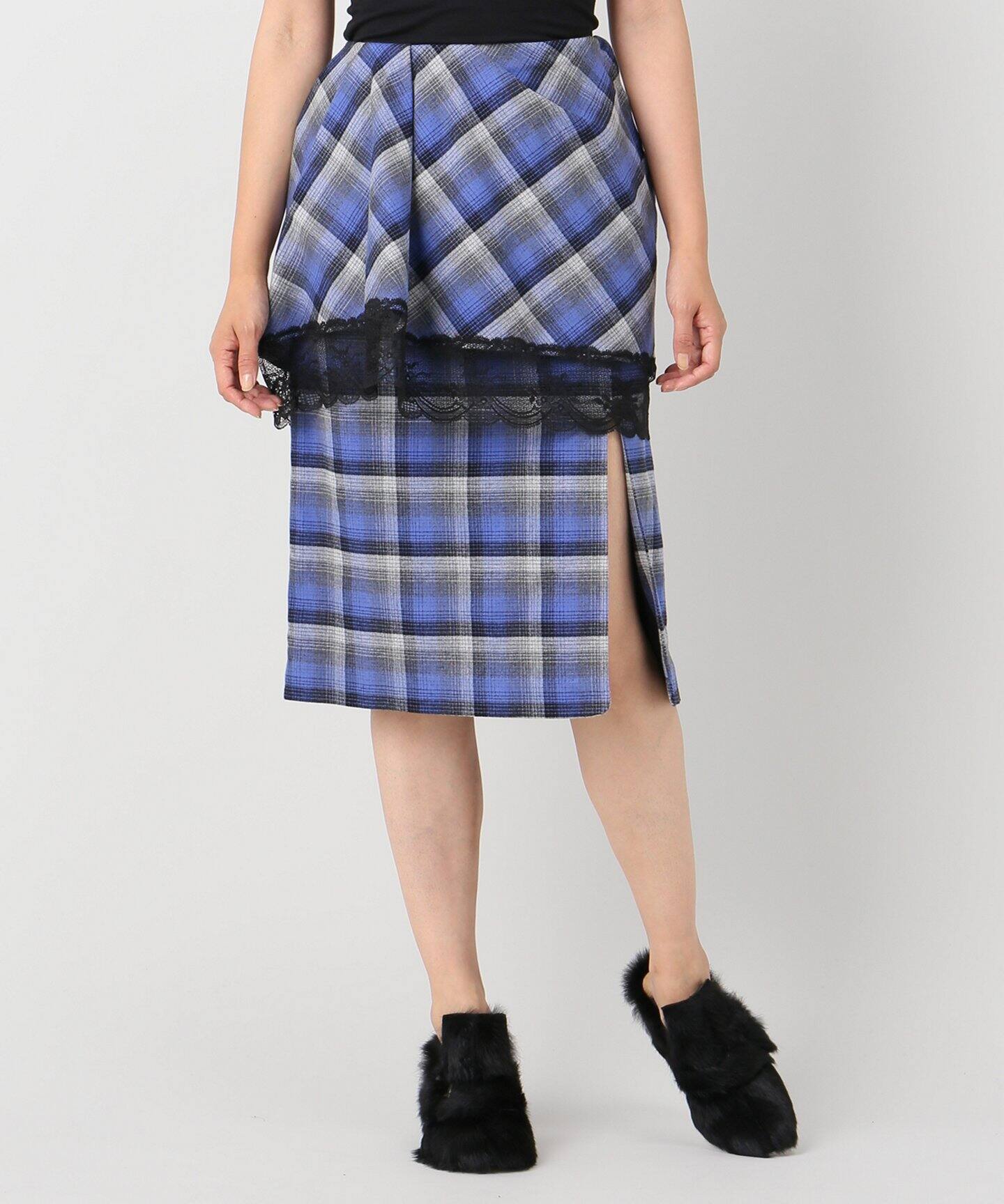 FACETASM/ファセッタズム】チェックxレーススカート（ひざ丈スカート  