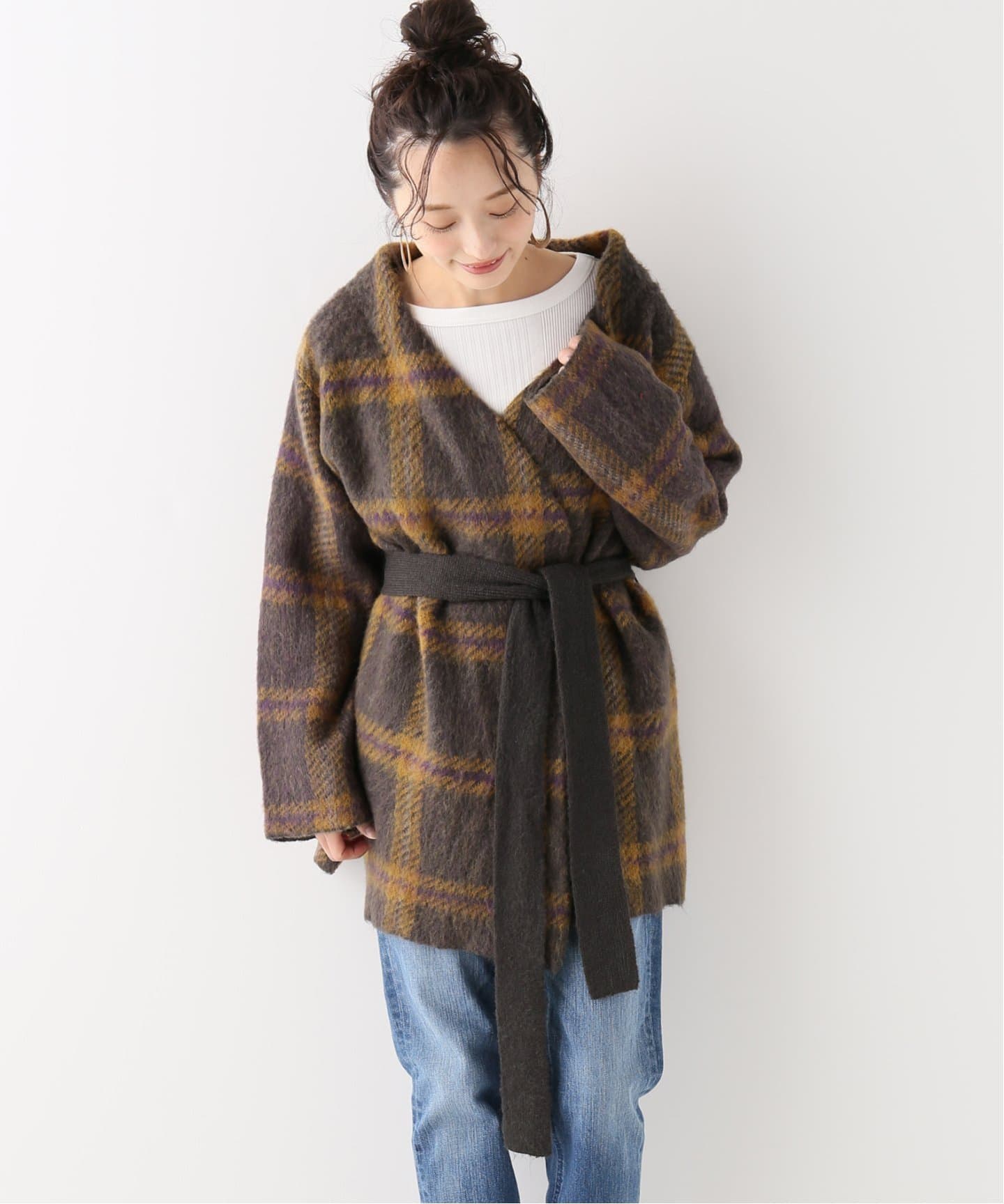 B.C STOCK ベーセーストック】チェック柄シャギーニットコート[品番 