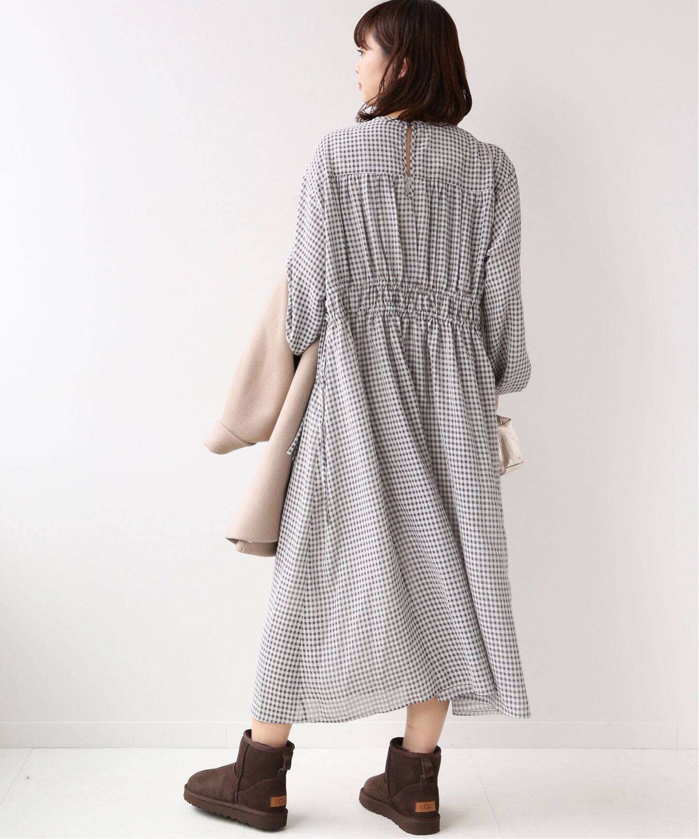 19SS Drawerサッカー生地チェックロングワンピース シルク100% 