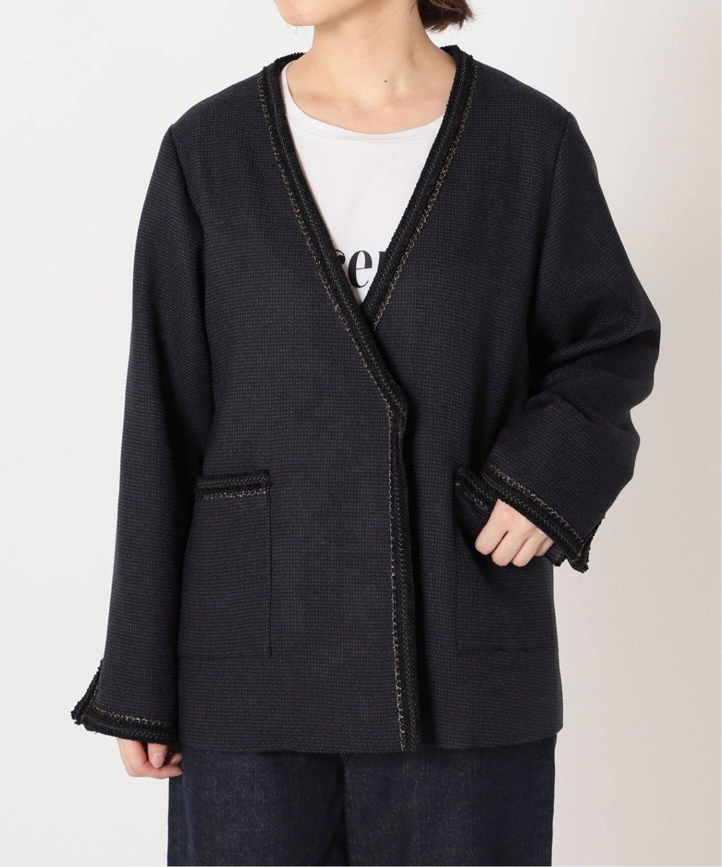 新着商品 ツイードノーカラーVネックジャケット - ノーカラー ...