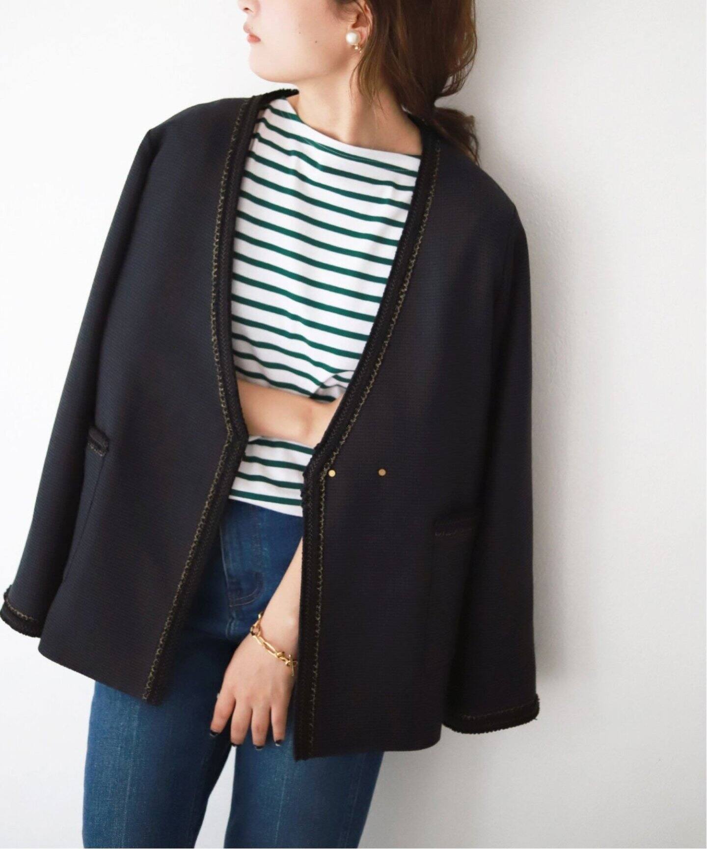 追加》ツィードVネックノーカラージャケット◇（ノーカラージャケット  