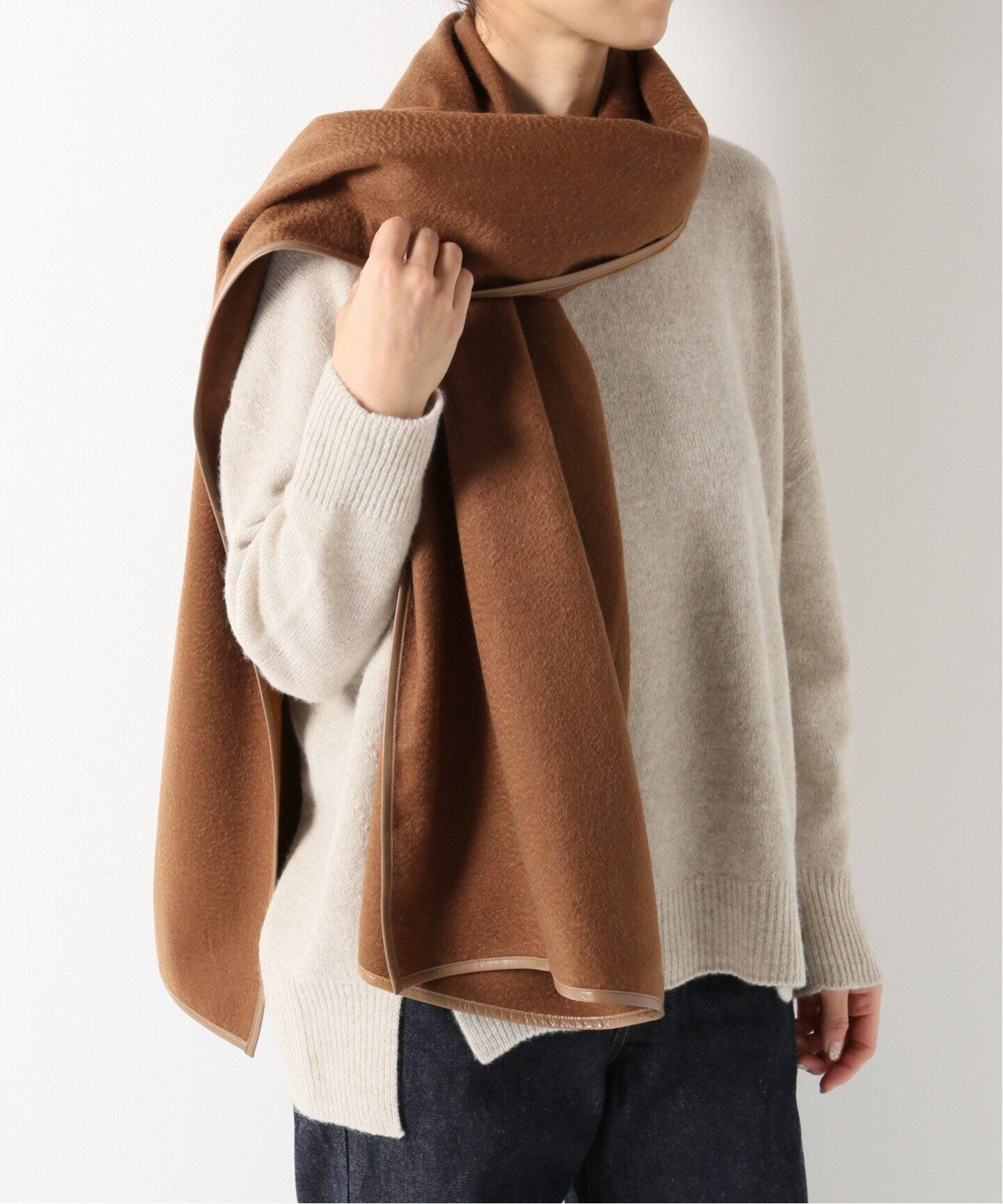 ASAUCE MELER/アソースメレ】レザートリミングカシミアストール  