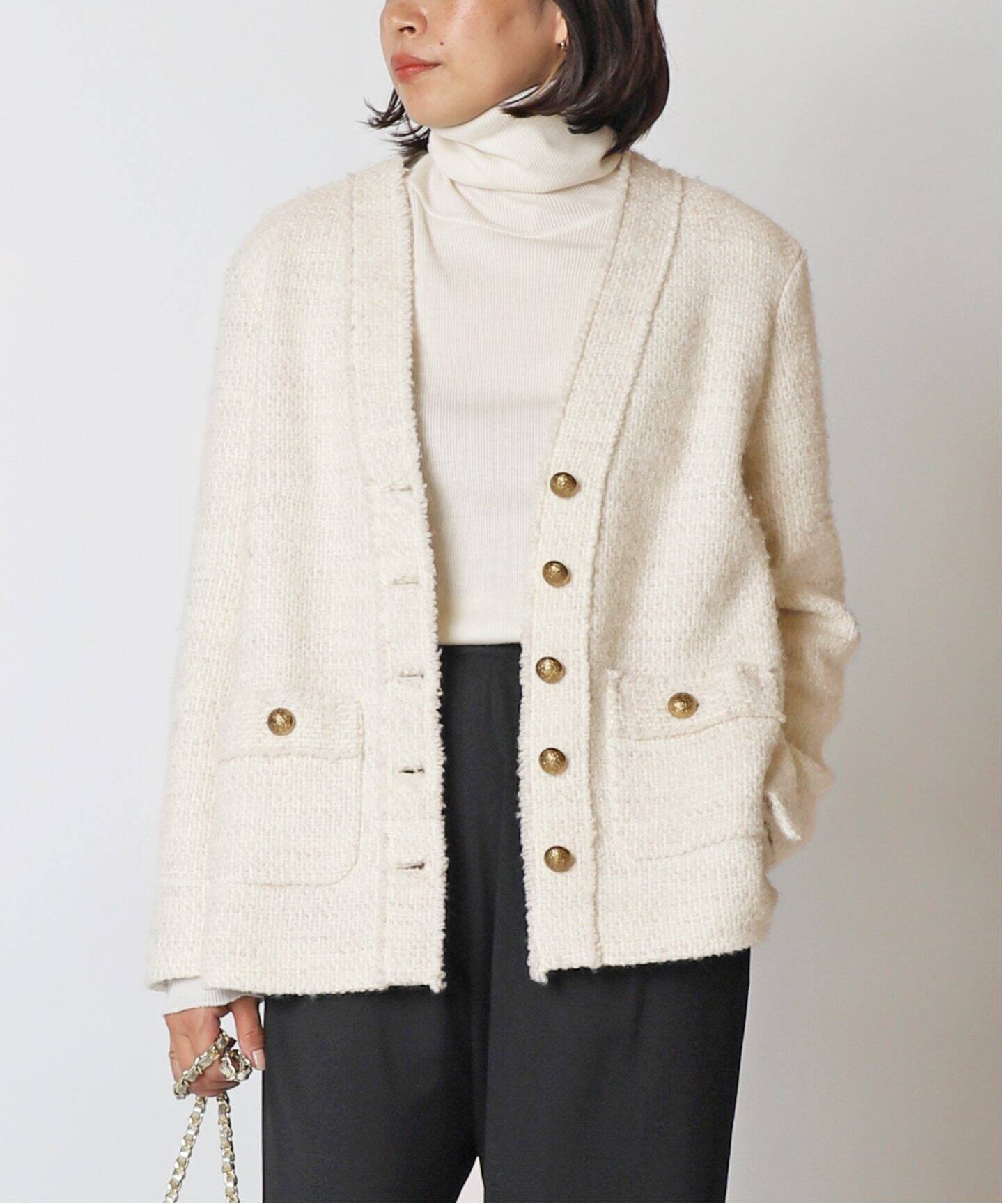 TWEED カーディガンジャケット WHT(DEU)（ノーカラージャケット 