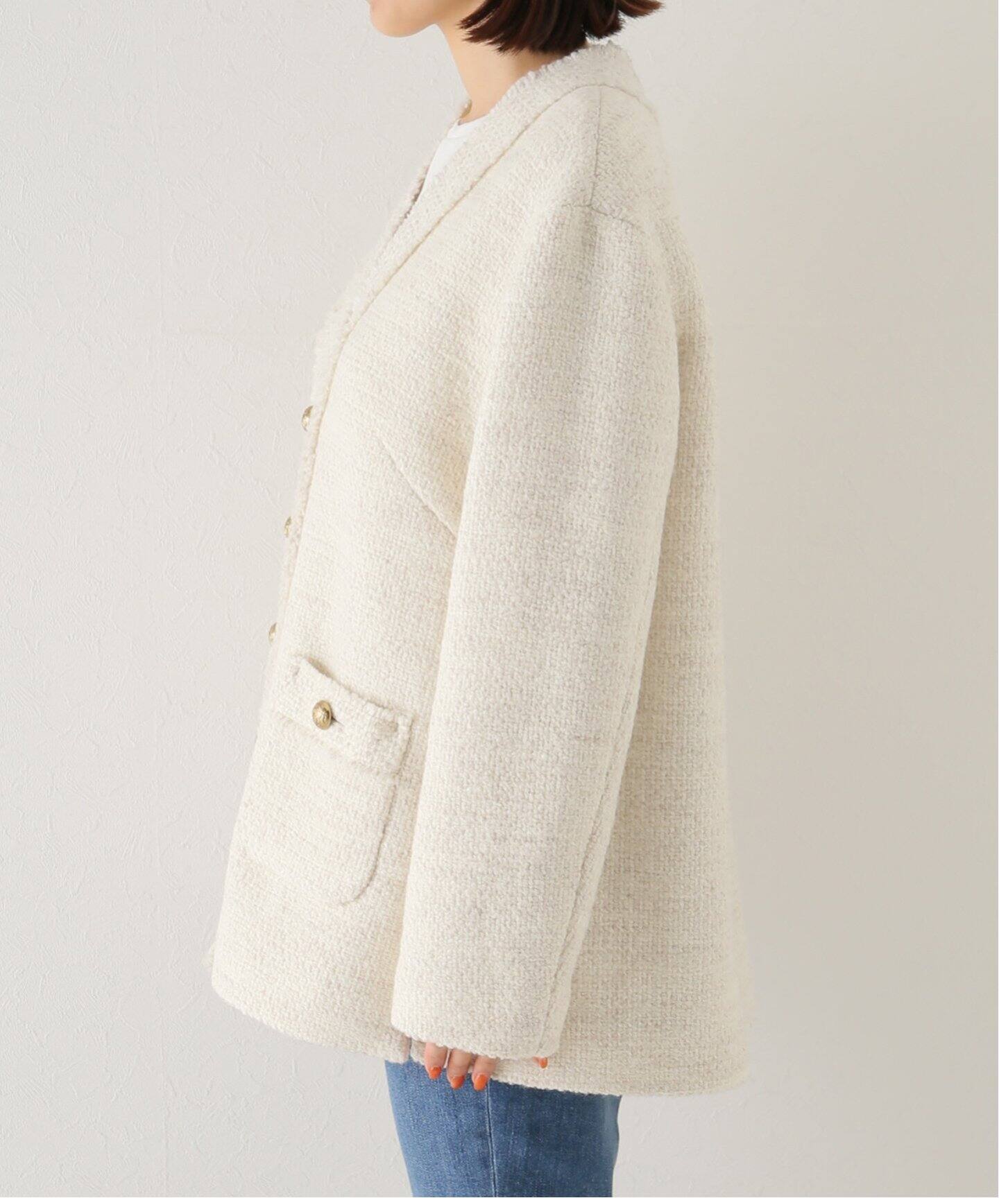 TWEED カーディガン ジャケット WHITE(muse)（ノーカラージャケット 