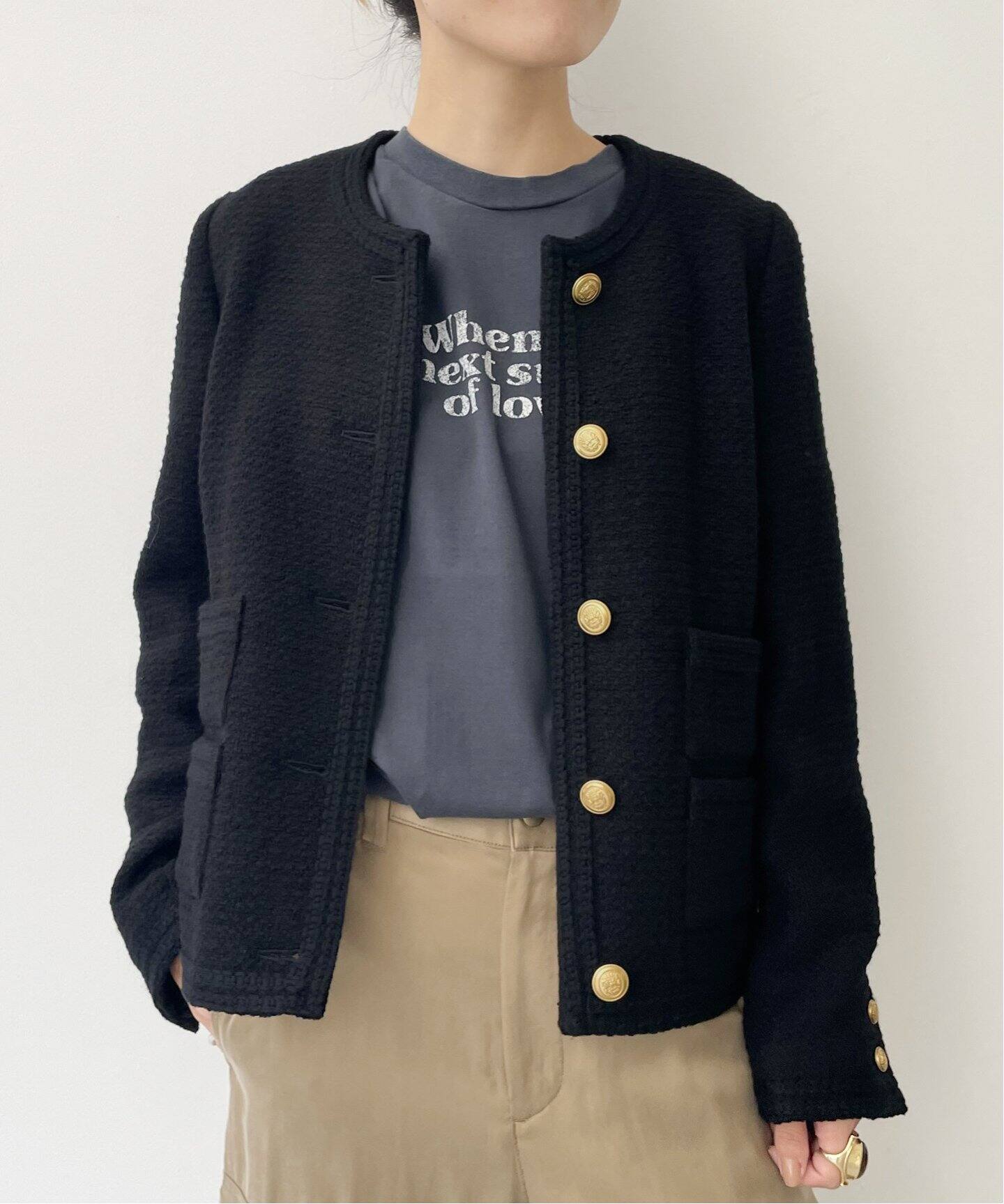 Tweed Jacket(Black)（ノーカラージャケット）｜L