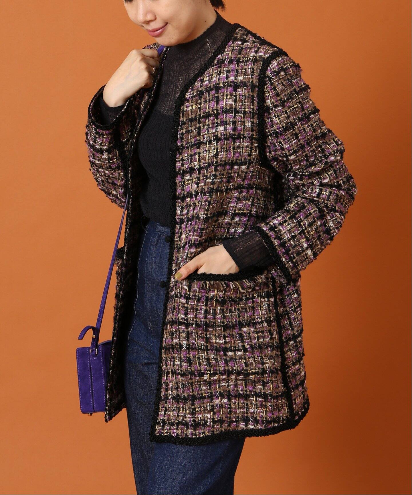 IENA LA BOUCLE ファンシーツィード Vネックジャケット（ノーカラー 