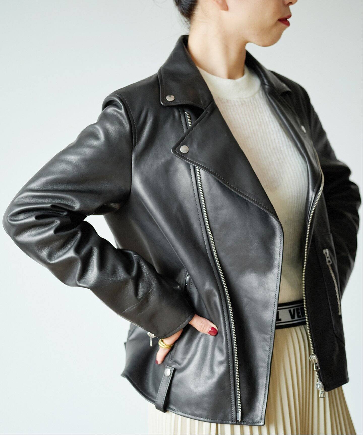 IENA イエナ 甘ったる ラムライダースブルゾン 38 ブラック 