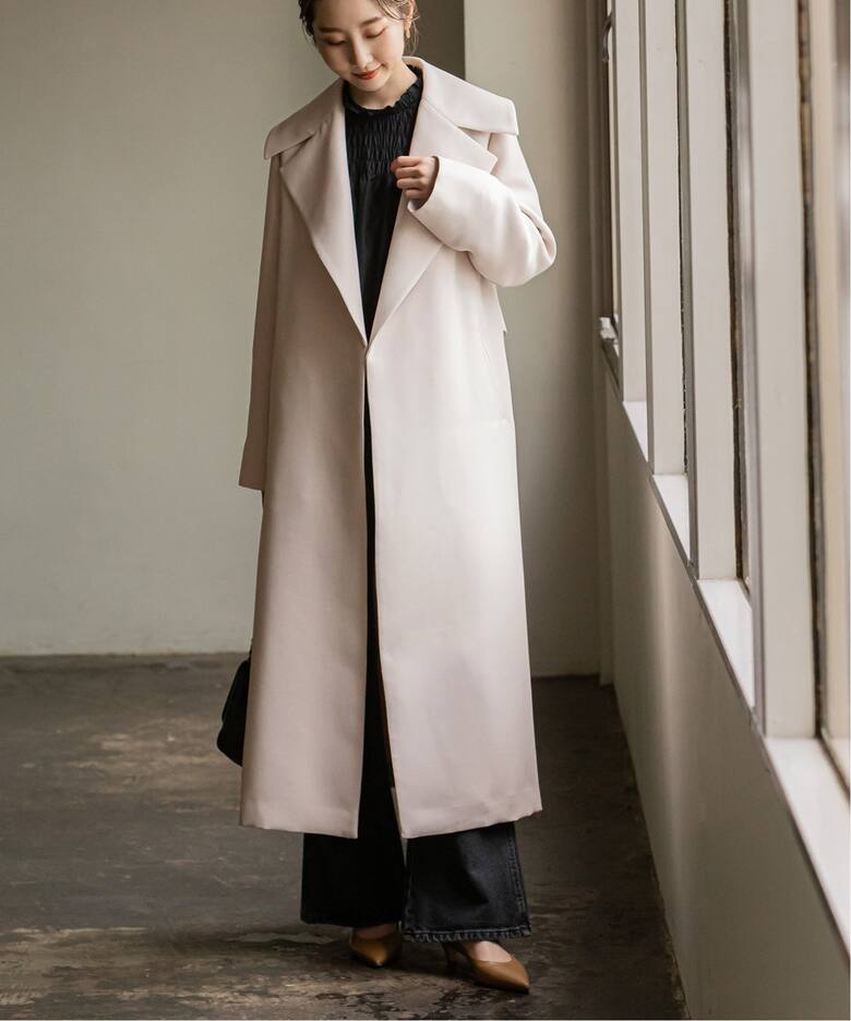 トリプルクロスワイドカラーロングコート（ノーカラーコート）｜NOBLE  