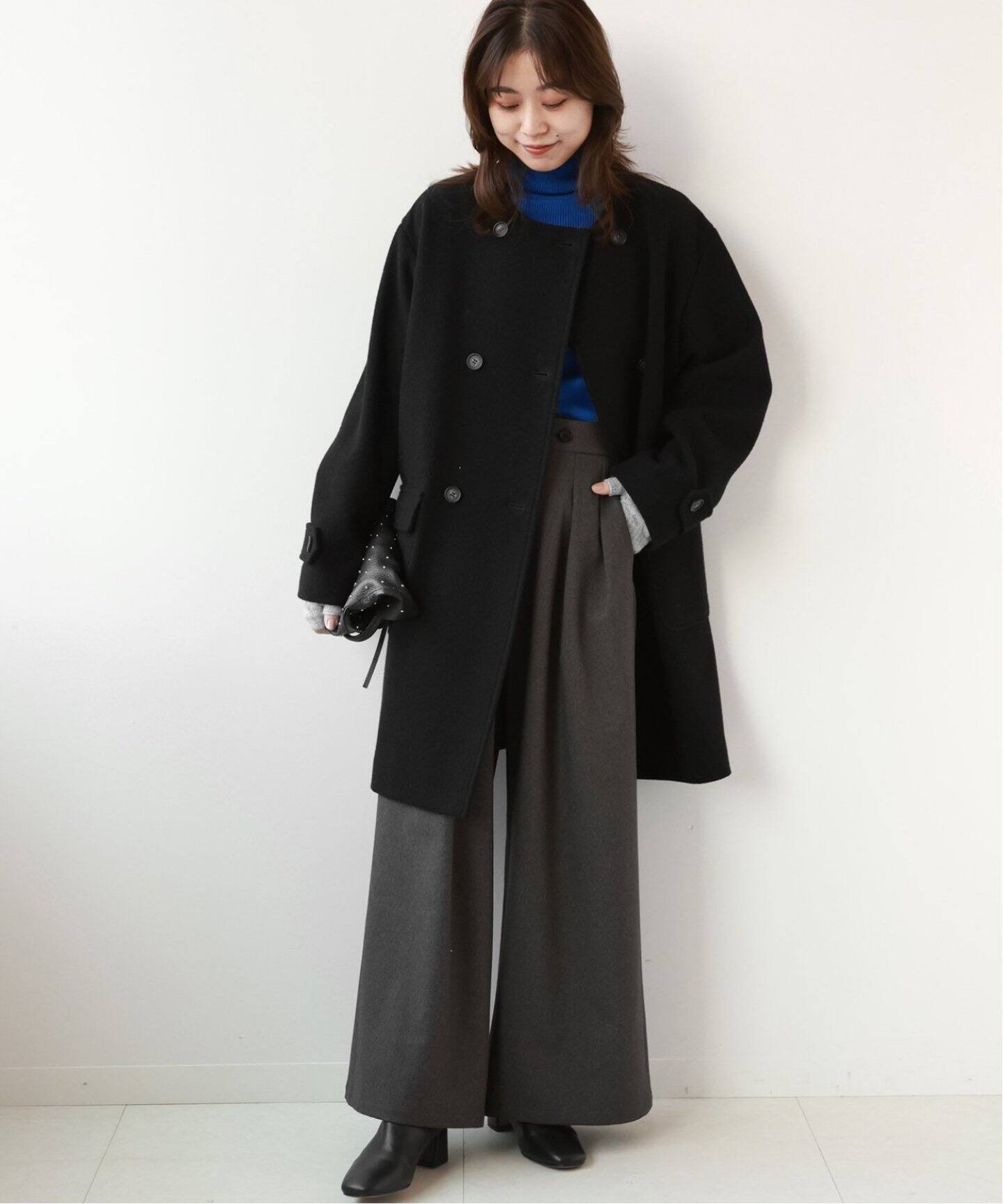 追加》尾州ウールクルーネックダブルブレストコート（ノーカラーコート 