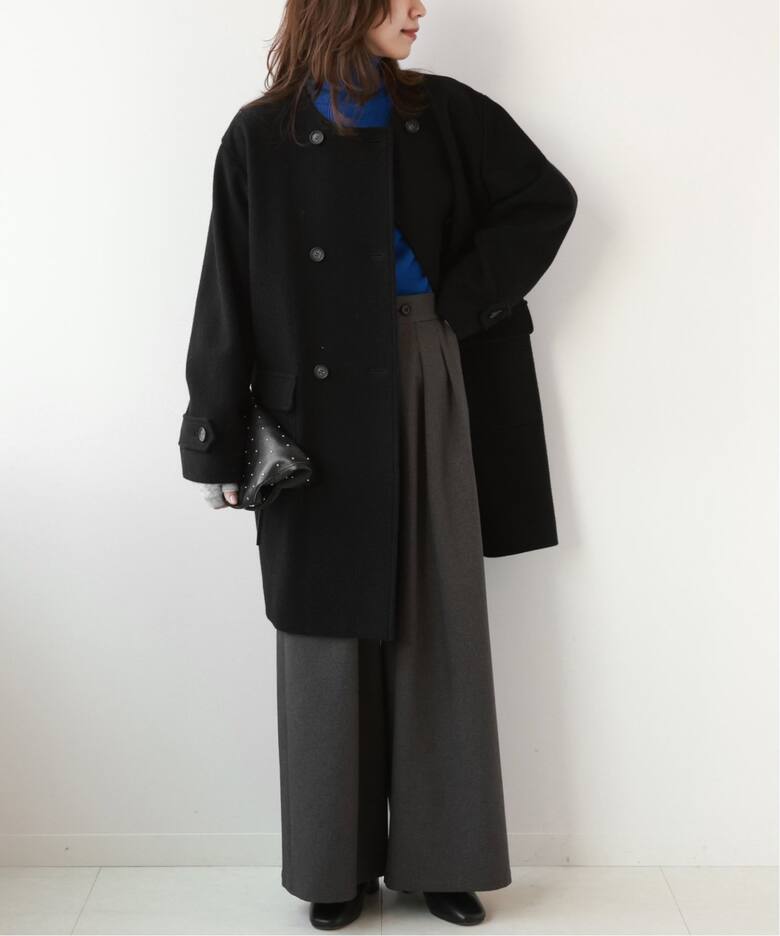 追加》尾州ウールクルーネックダブルブレストコート（ノーカラーコート  