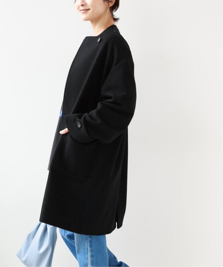 追加》尾州ウールクルーネックダブルブレストコート（ノーカラーコート 