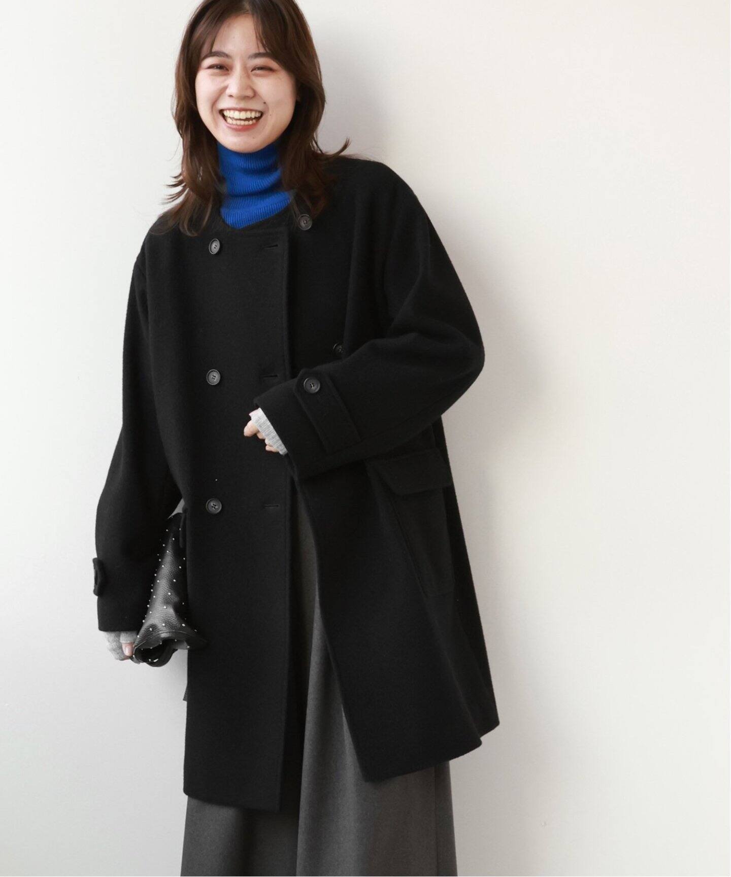 追加》尾州ウールクルーネックダブルブレストコート（ノーカラーコート 