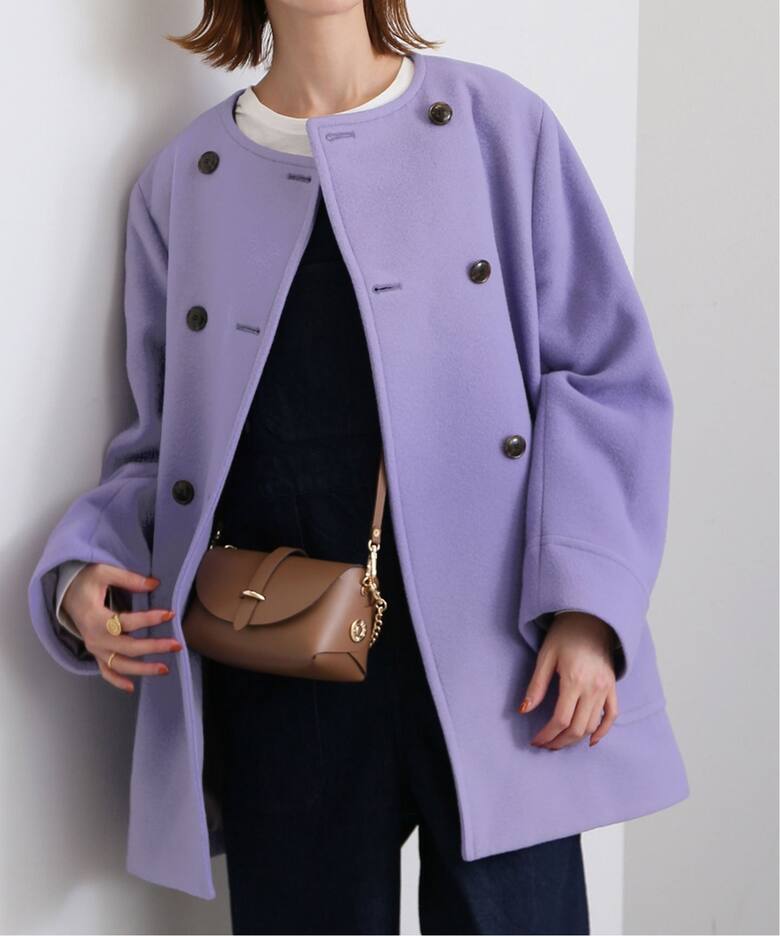 スイビダブルクロスノーカラーダブル前コート（ノーカラーコート  