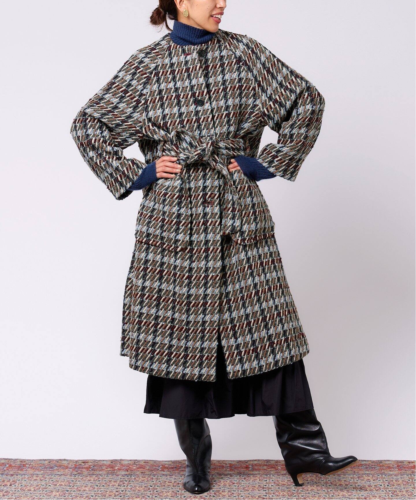 IENA LA BOUCLE GIOLICA ツイードクルーネックスリットコート（その他 