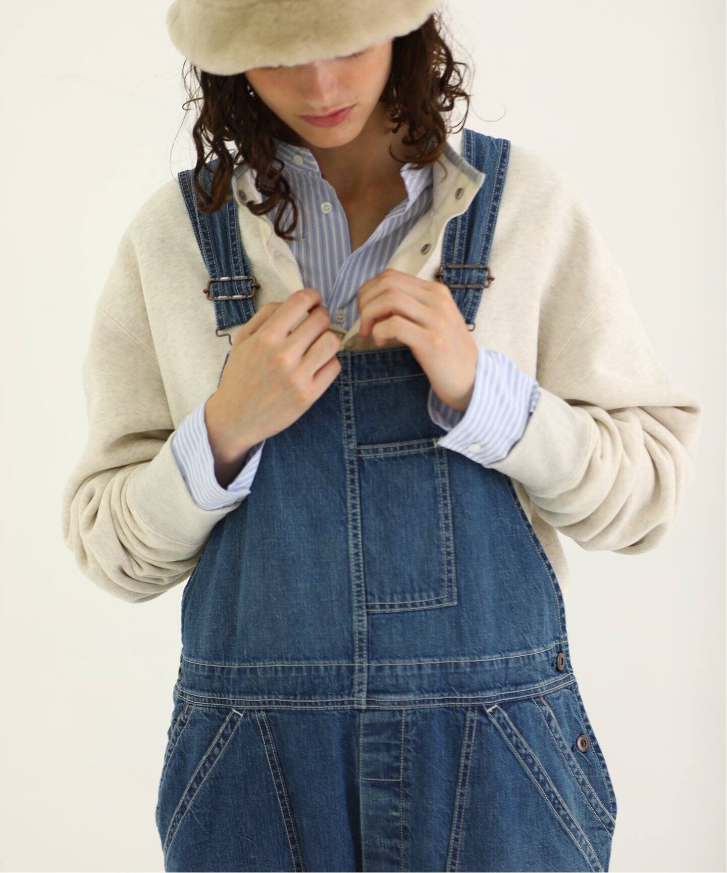 chimala ダメージ加工 デニム オーバーオール サロペット S ブルー 