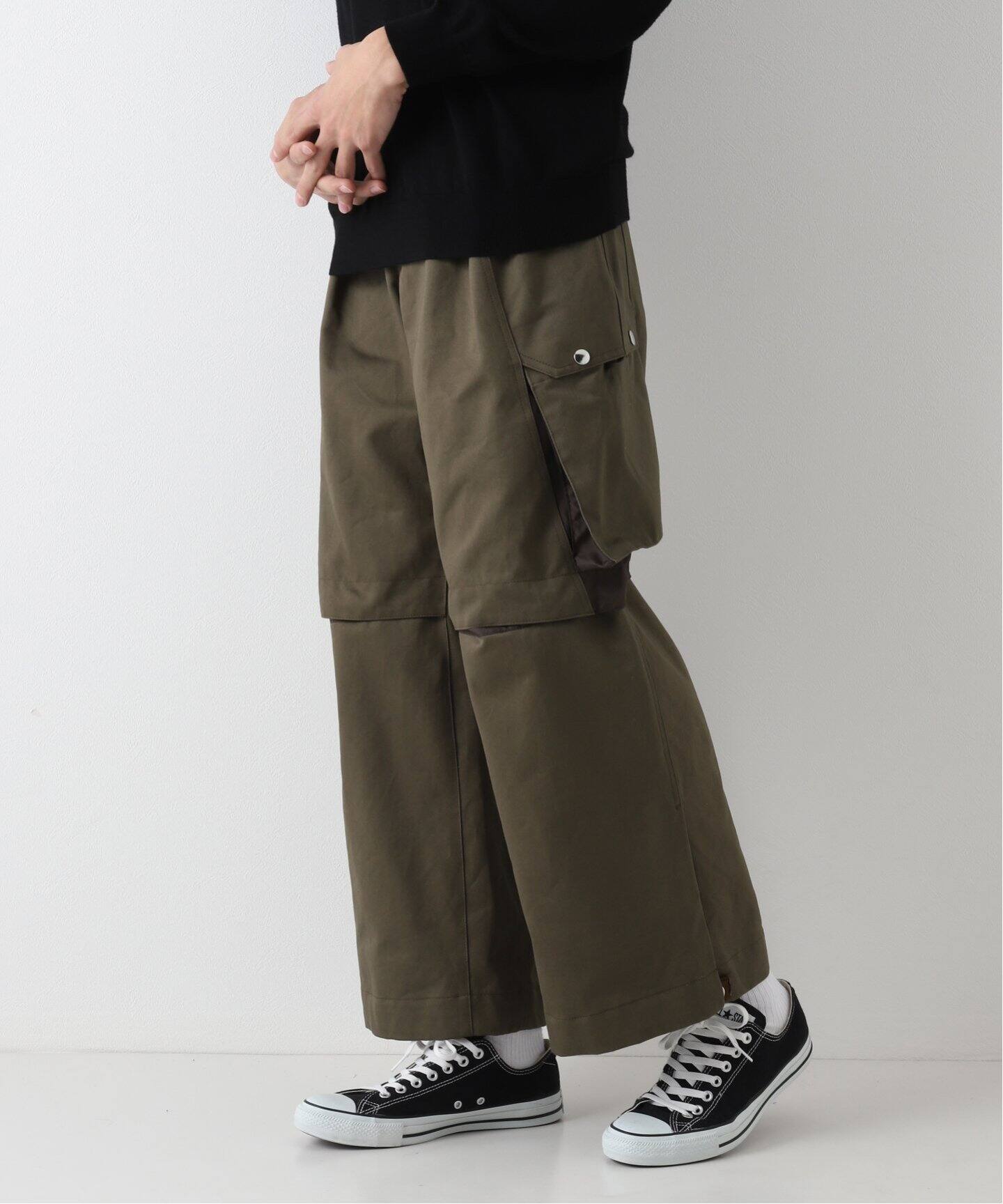 TAMME KNEE TUCK WIDE CARGO PANTS 光り KHAKI