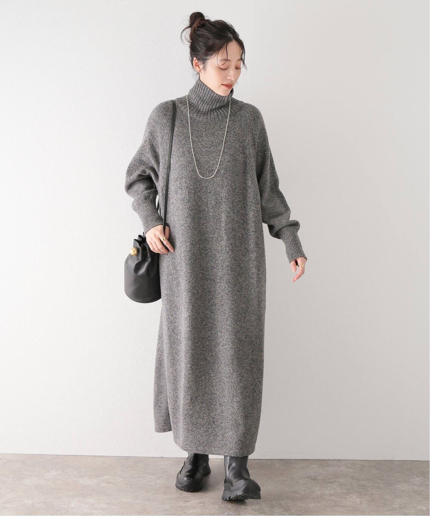 ATON / エイトン】WOOL MOULINE TURTLE NECK DRESS（ワンピース 
