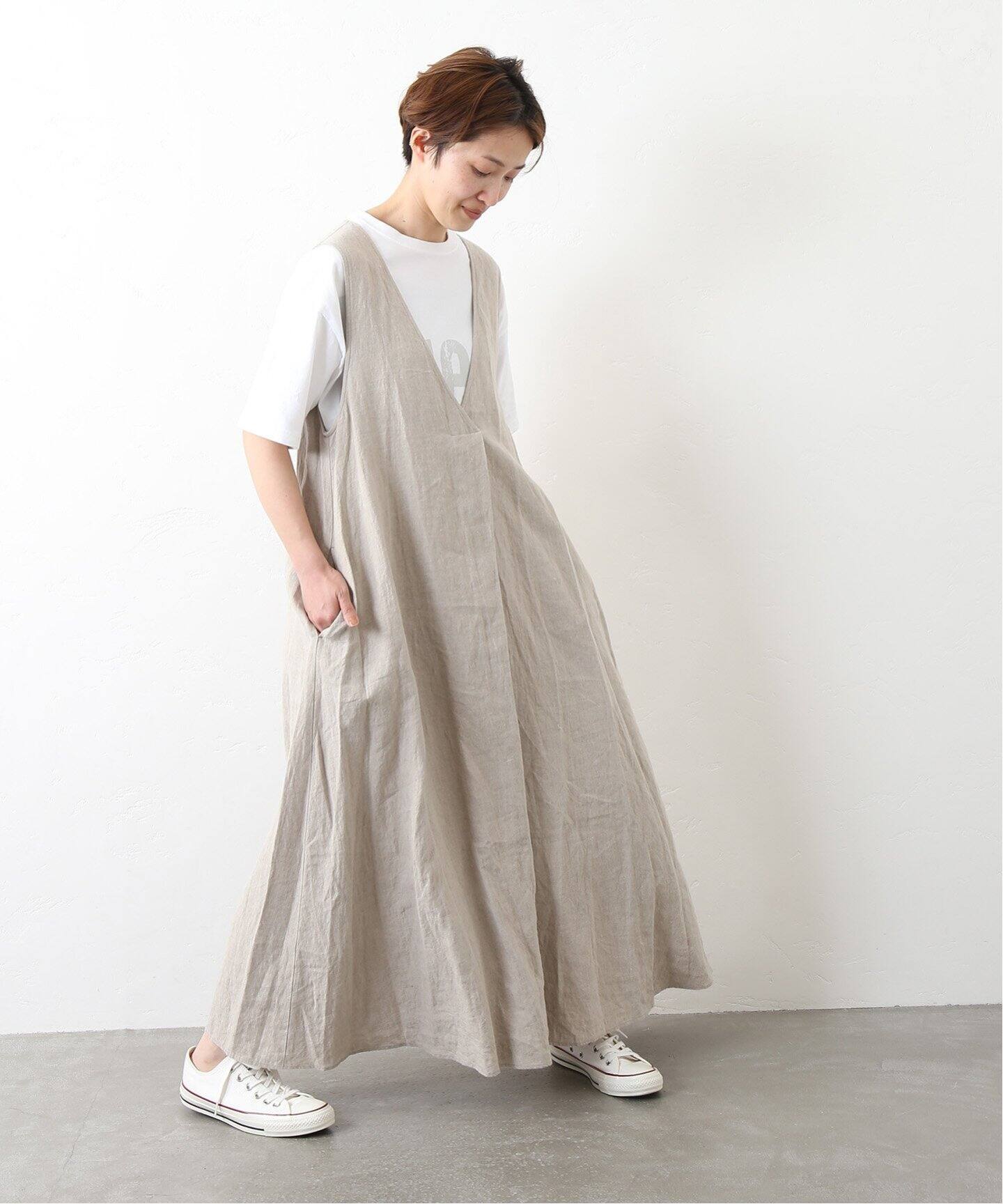 リネンワッシャー Vネックノースリーブワンピース（ワンピース  