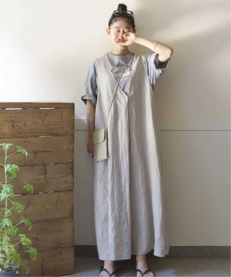 リネンワッシャー Vネックノースリーブワンピース（ワンピース  