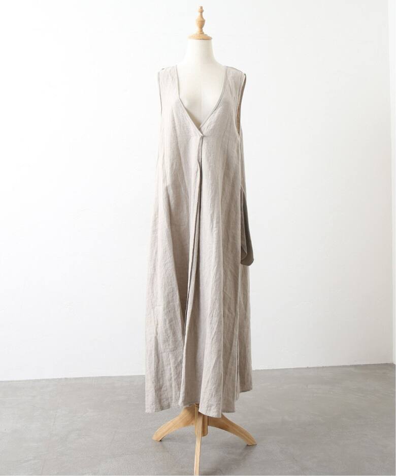 追加2》リネンワッシャー Vネックノースリーブワンピース（ワンピース 