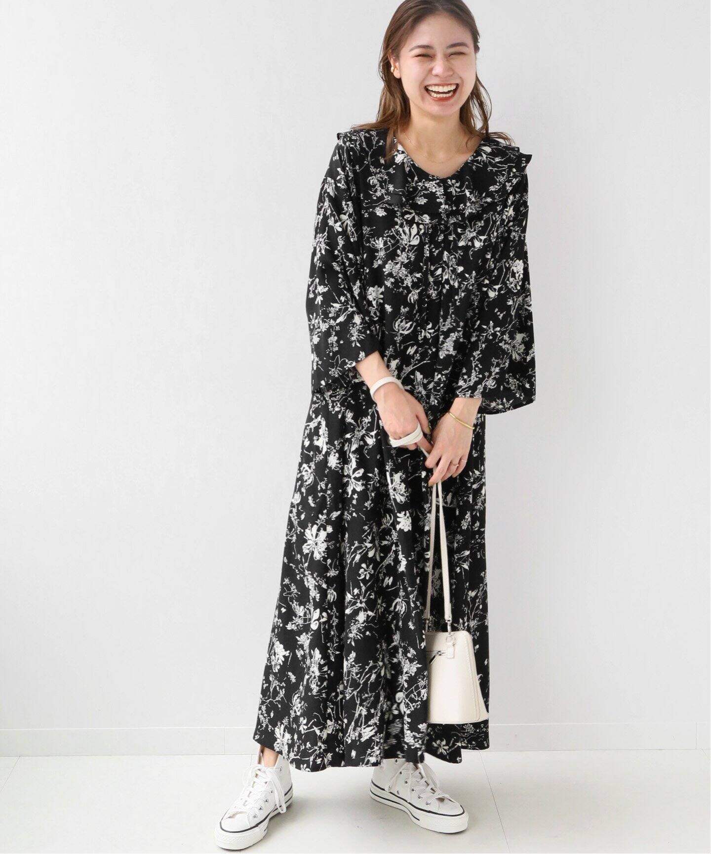 ブラックフローラルラッフルロングワンピース（ワンピース）｜JOURNAL  