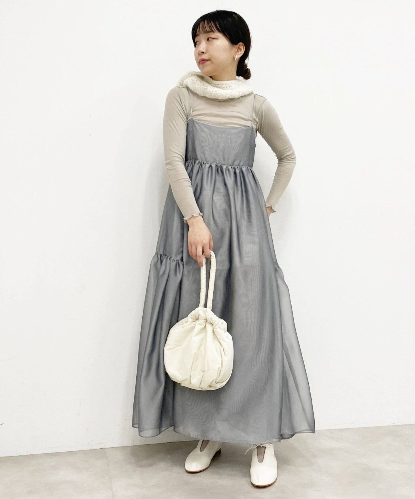 追加》シャンブレーシフォン シアーラッフルドレス（ワンピース  