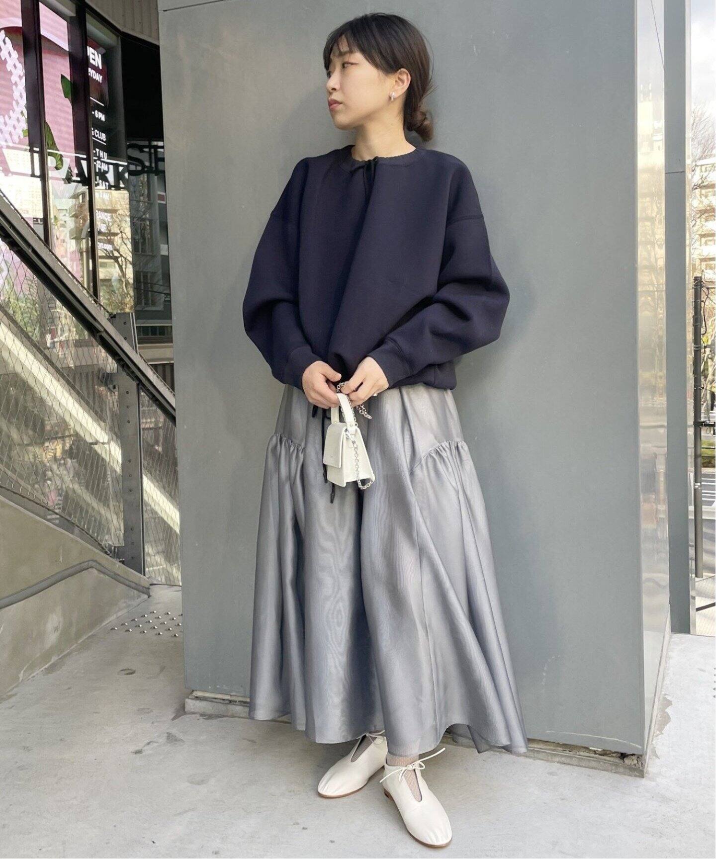 追加》シャンブレーシフォン シアーラッフルドレス（ワンピース 