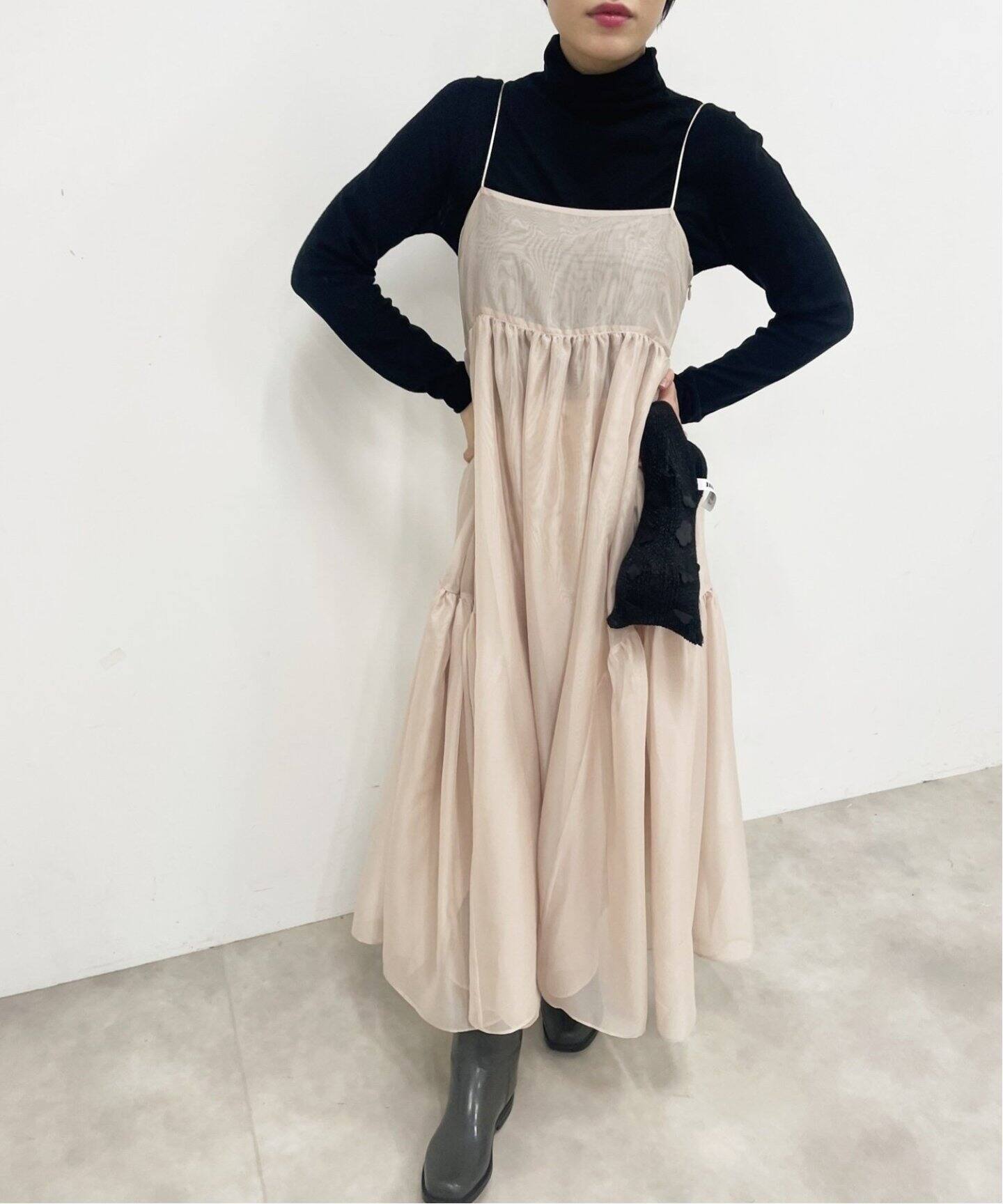 追加》シャンブレーシフォン シアーラッフルドレス（ワンピース  