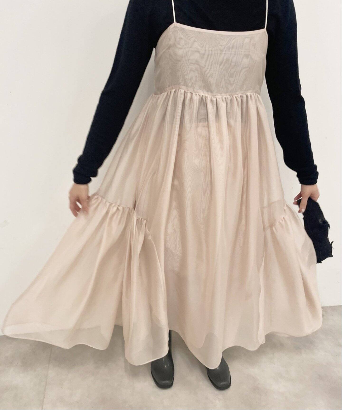 追加》シャンブレーシフォン シアーラッフルドレス（ワンピース 
