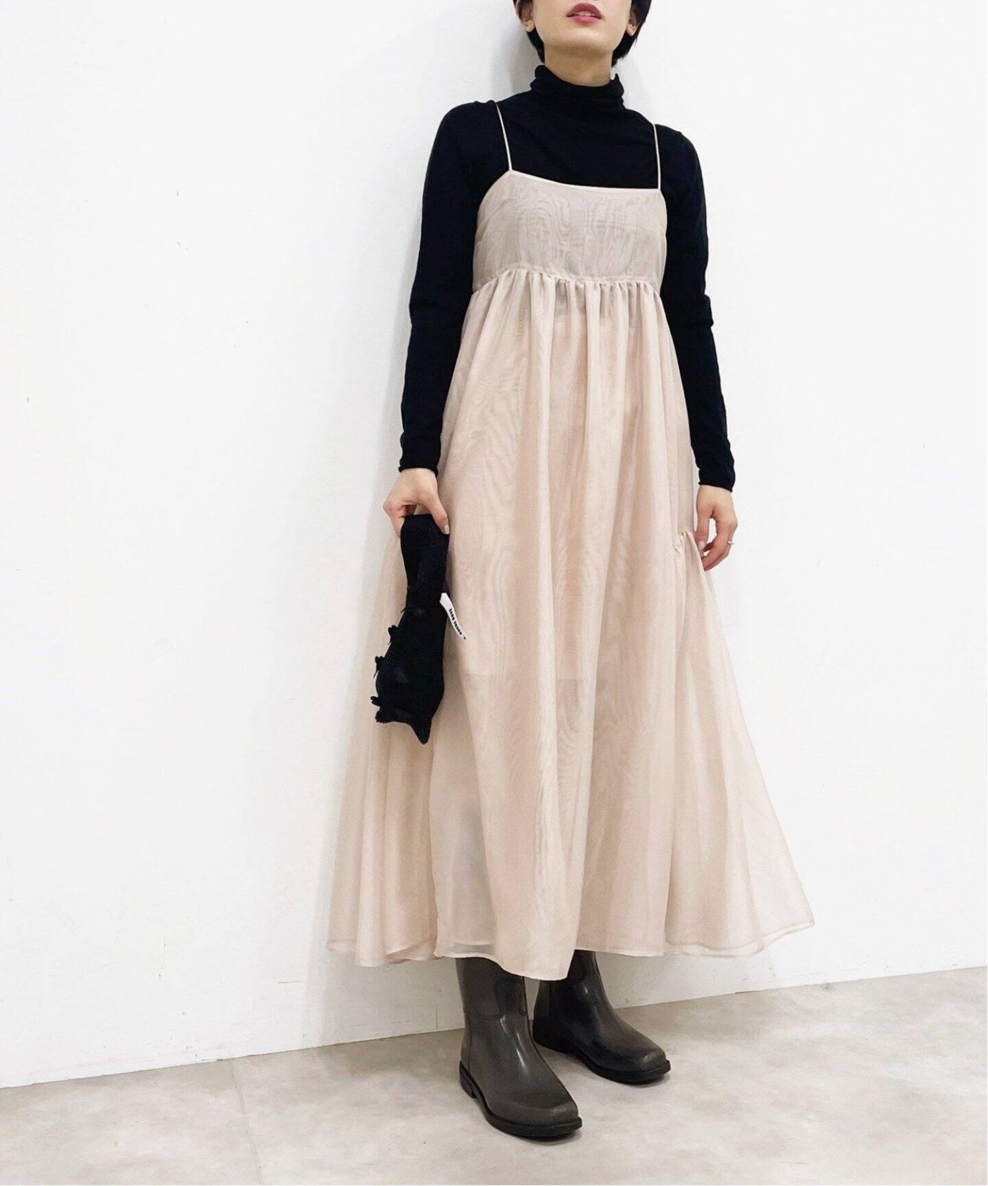 追加》シャンブレーシフォン シアーラッフルドレス（ワンピース 