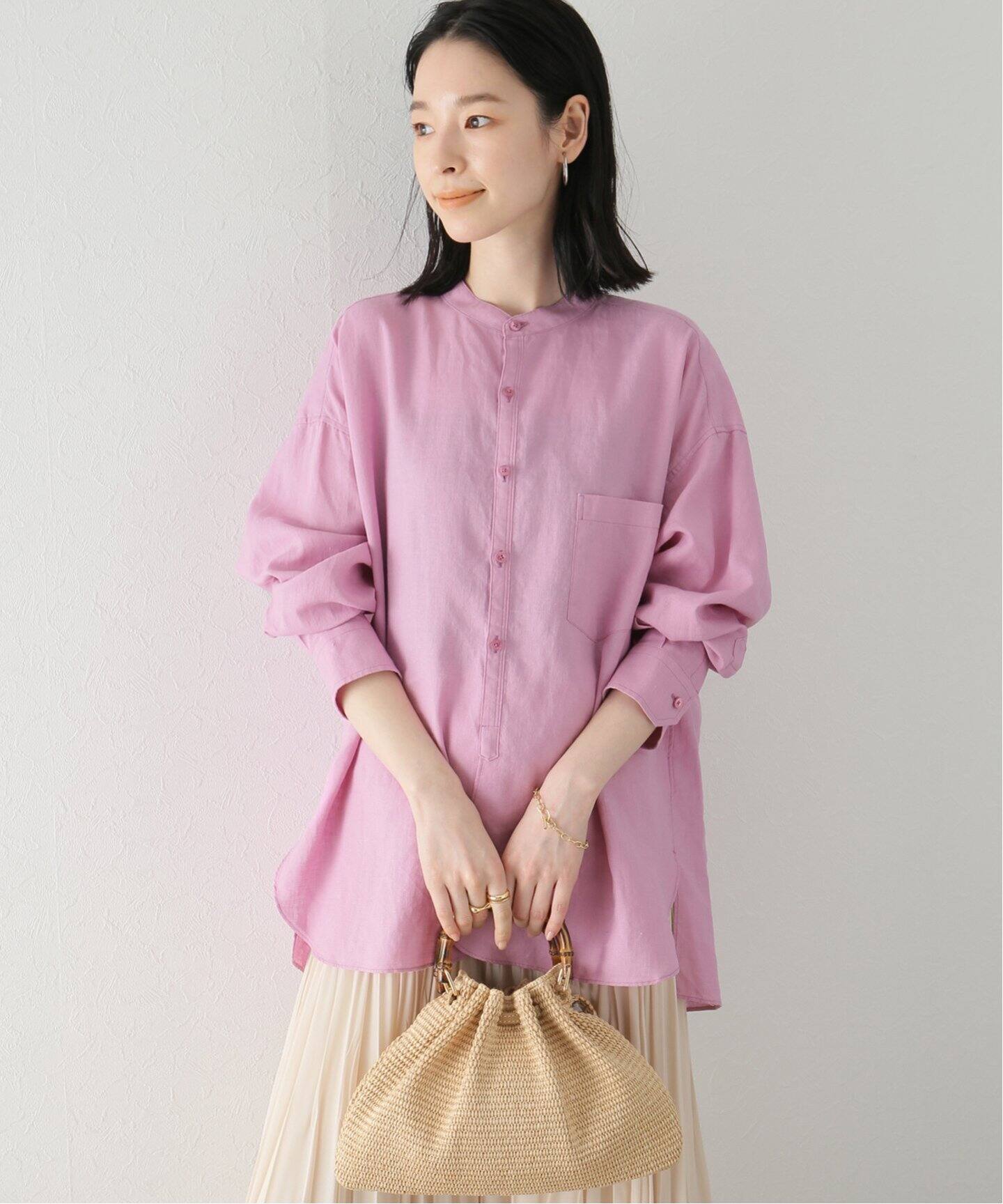 2024 ティッカ TICCA ピンク リネン 麻 長袖 ノーカラーシャツTICCA 