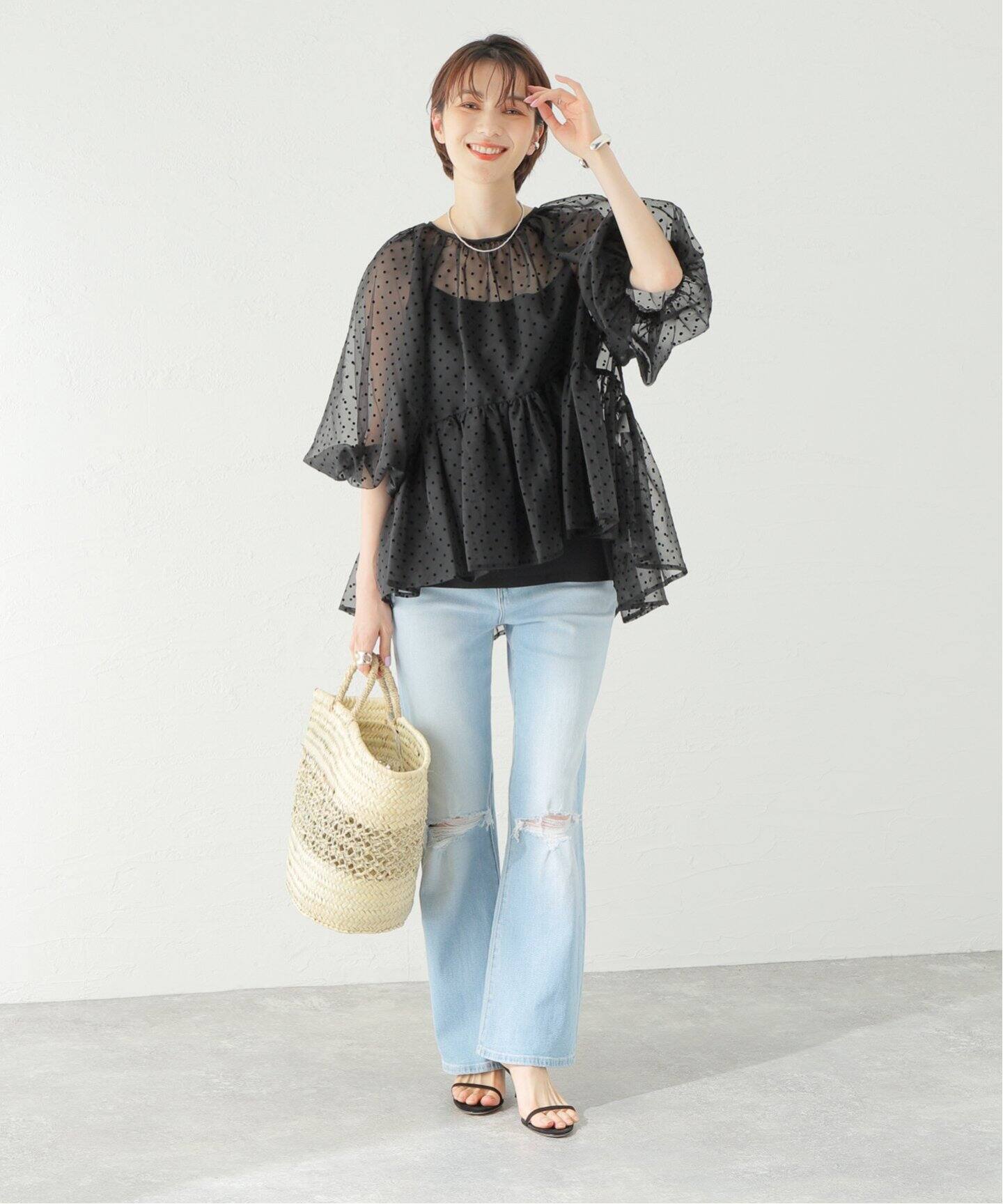 MECRE(メクル)オーガンジードットティアードブラウス 