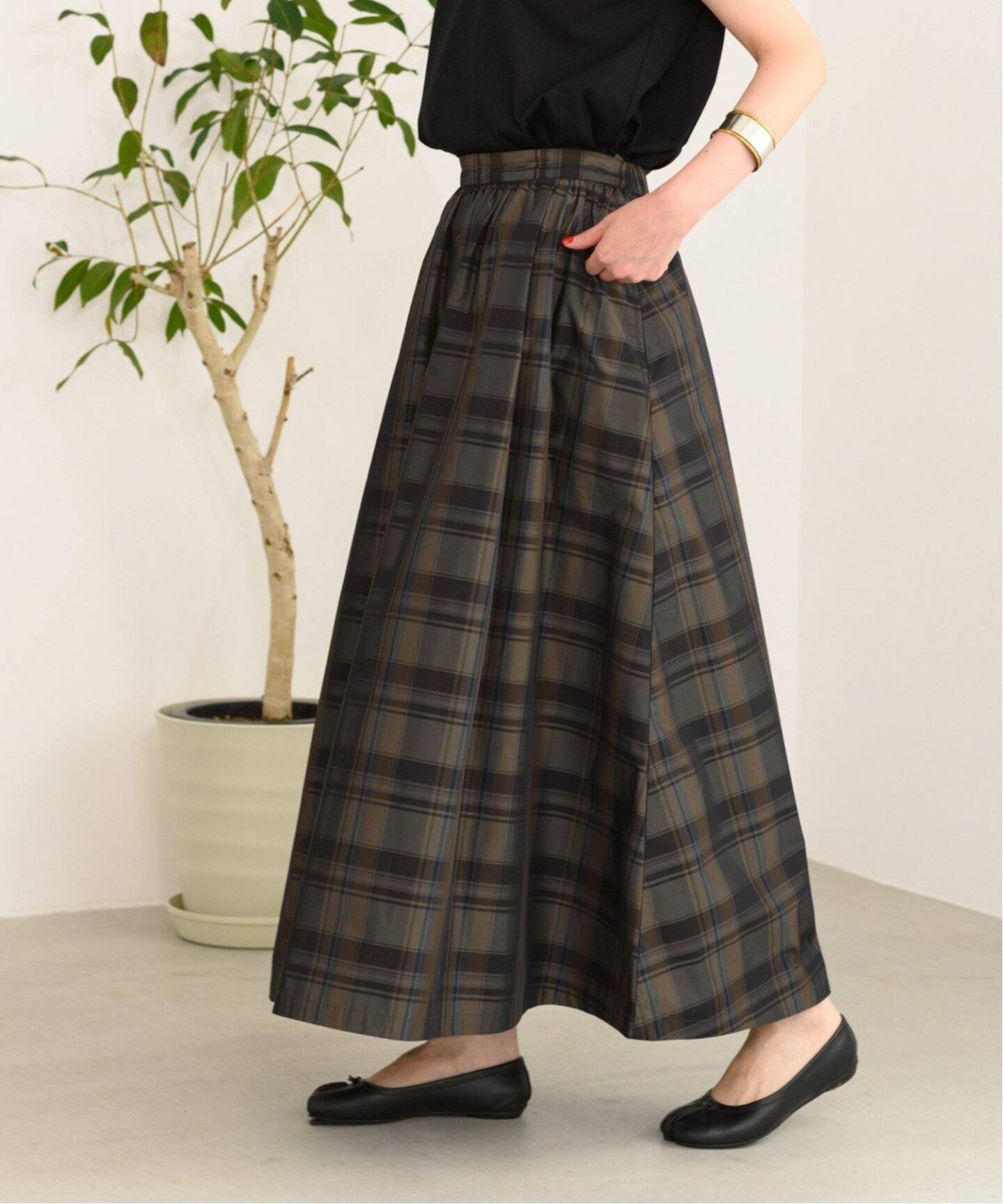 追加》メモリーチェックスカート（ロング・マキシ丈スカート  