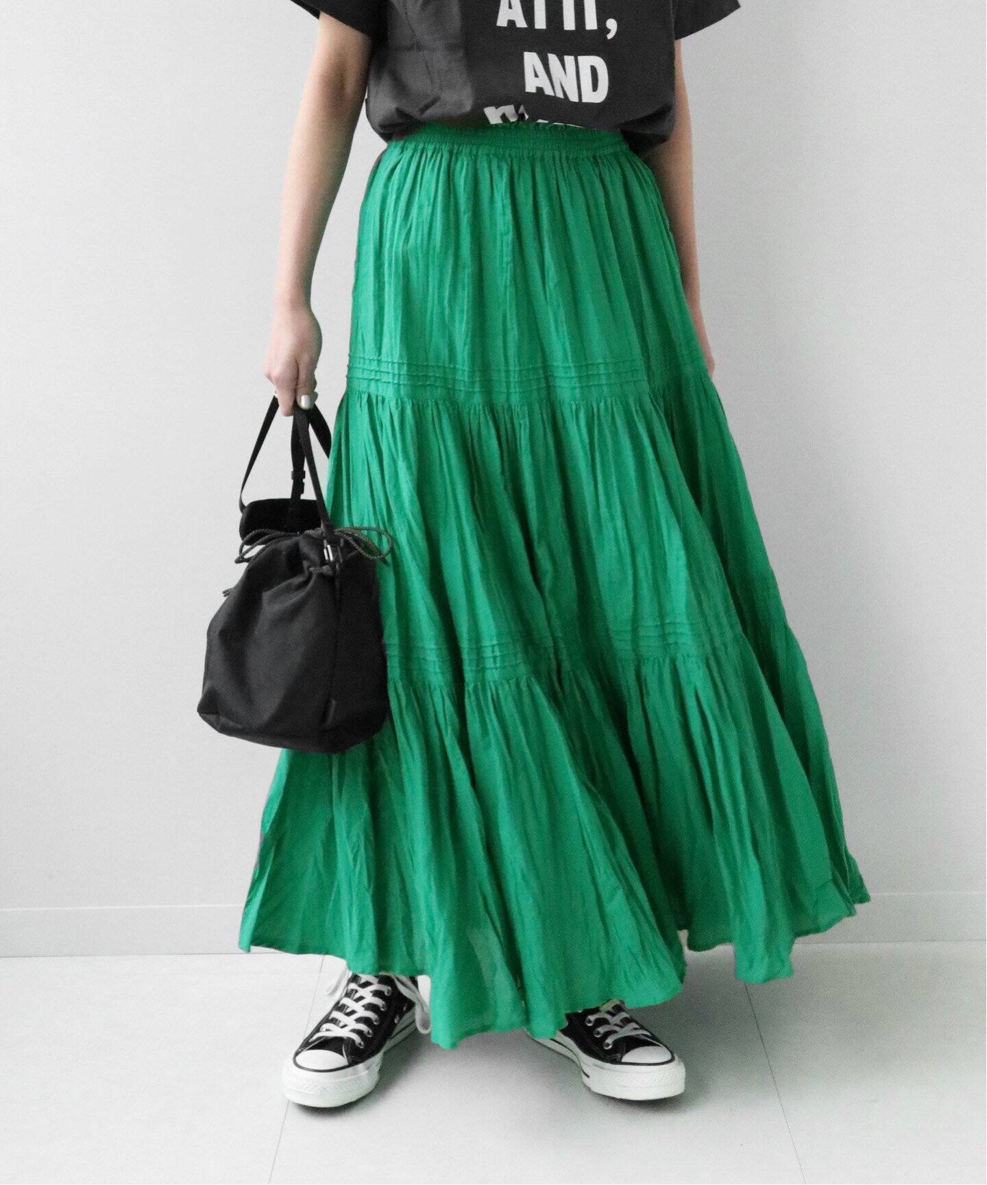 コットンボイルクリンクルティアードスカート◇（ロング・マキシ丈  