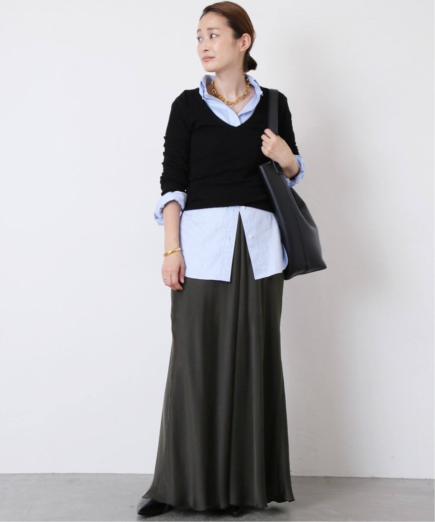 シルクサテン スカート BK（ロング・マキシ丈スカート）｜Deuxieme  