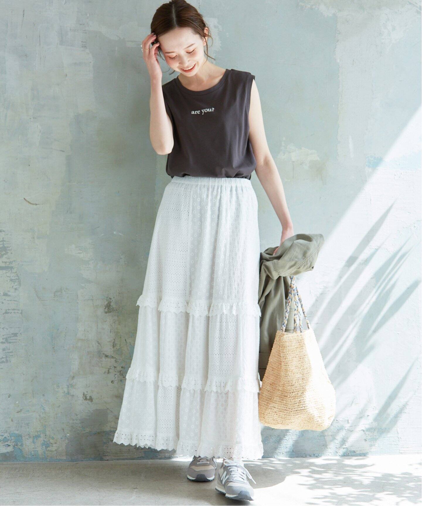 刺繍レースパッチワークティアードスカート◇（ロング・マキシ丈  