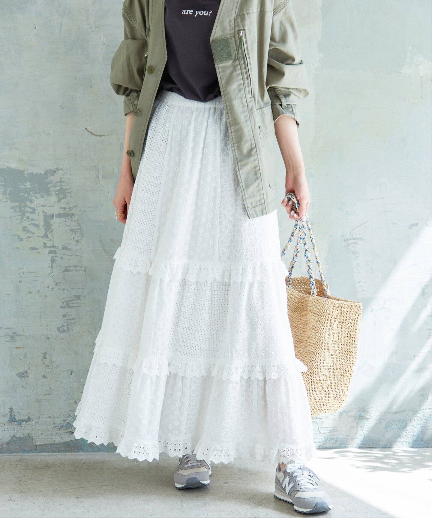 刺繍レースパッチワークティアードスカート◇（ロング・マキシ丈  