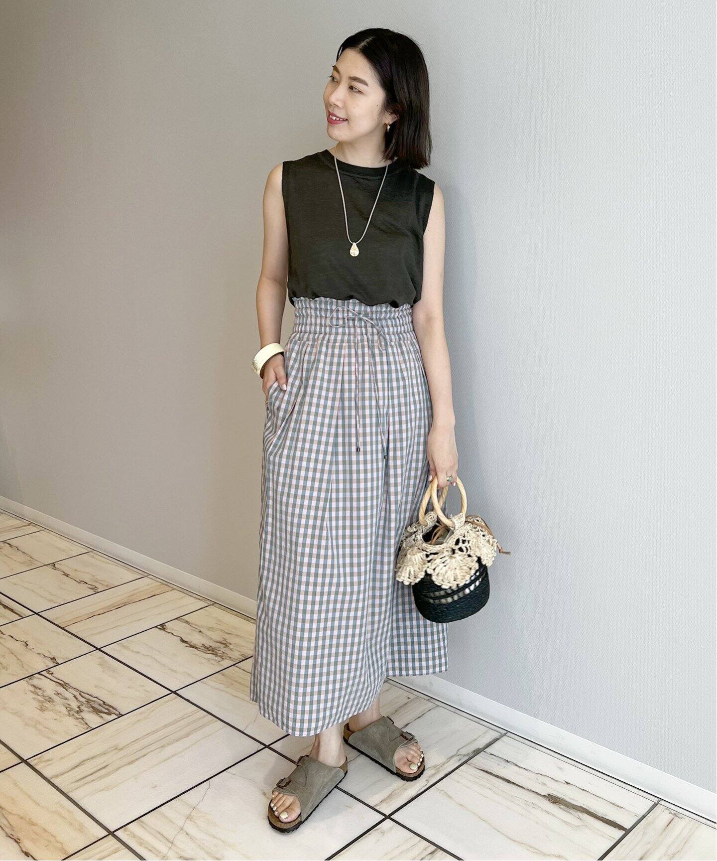 IENA LA BOUCLE C/CUギンガムギャザースカート（ロング・マキシ丈  