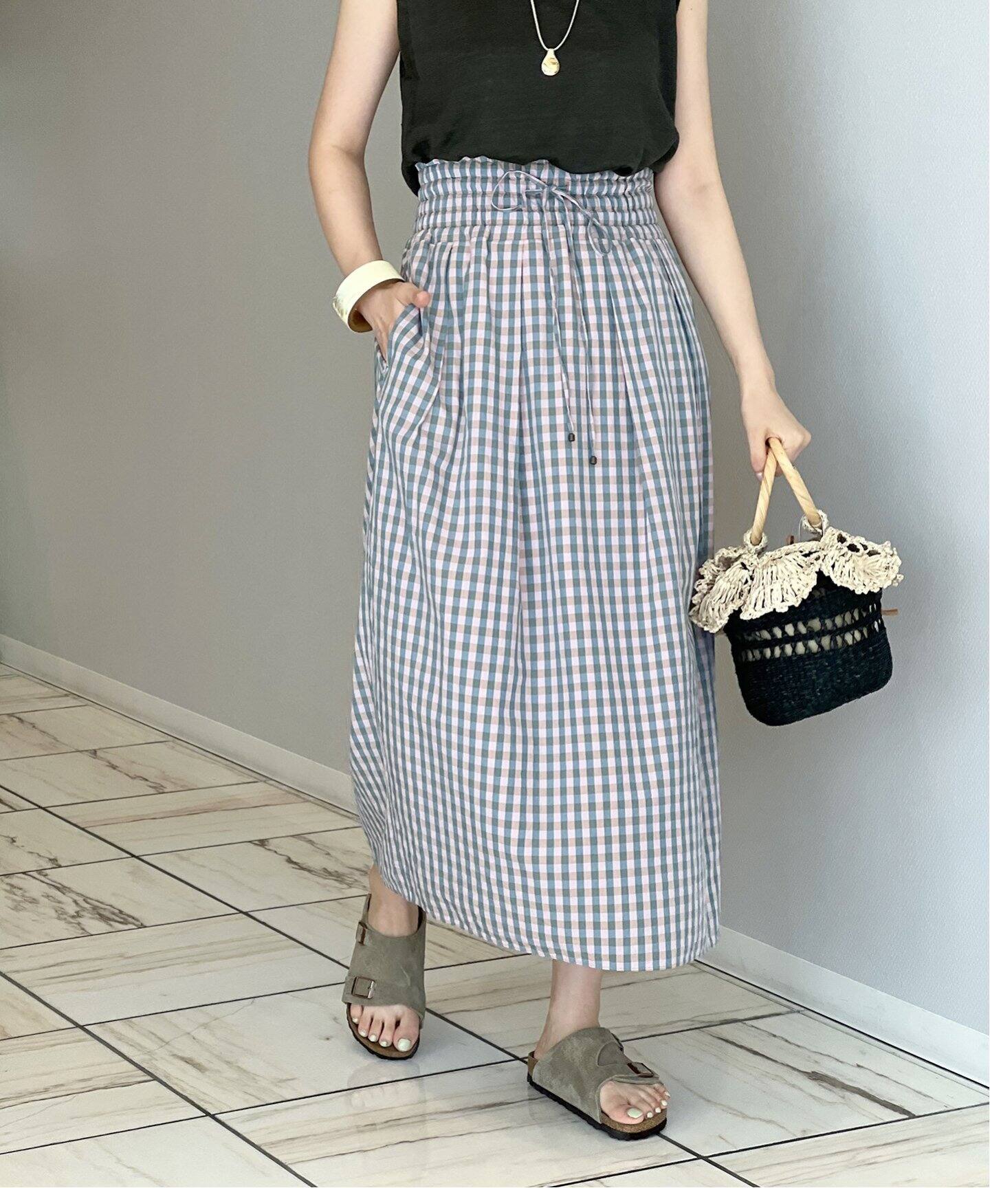 IENA LA BOUCLE C/CUギンガムギャザースカート（ロング・マキシ丈  