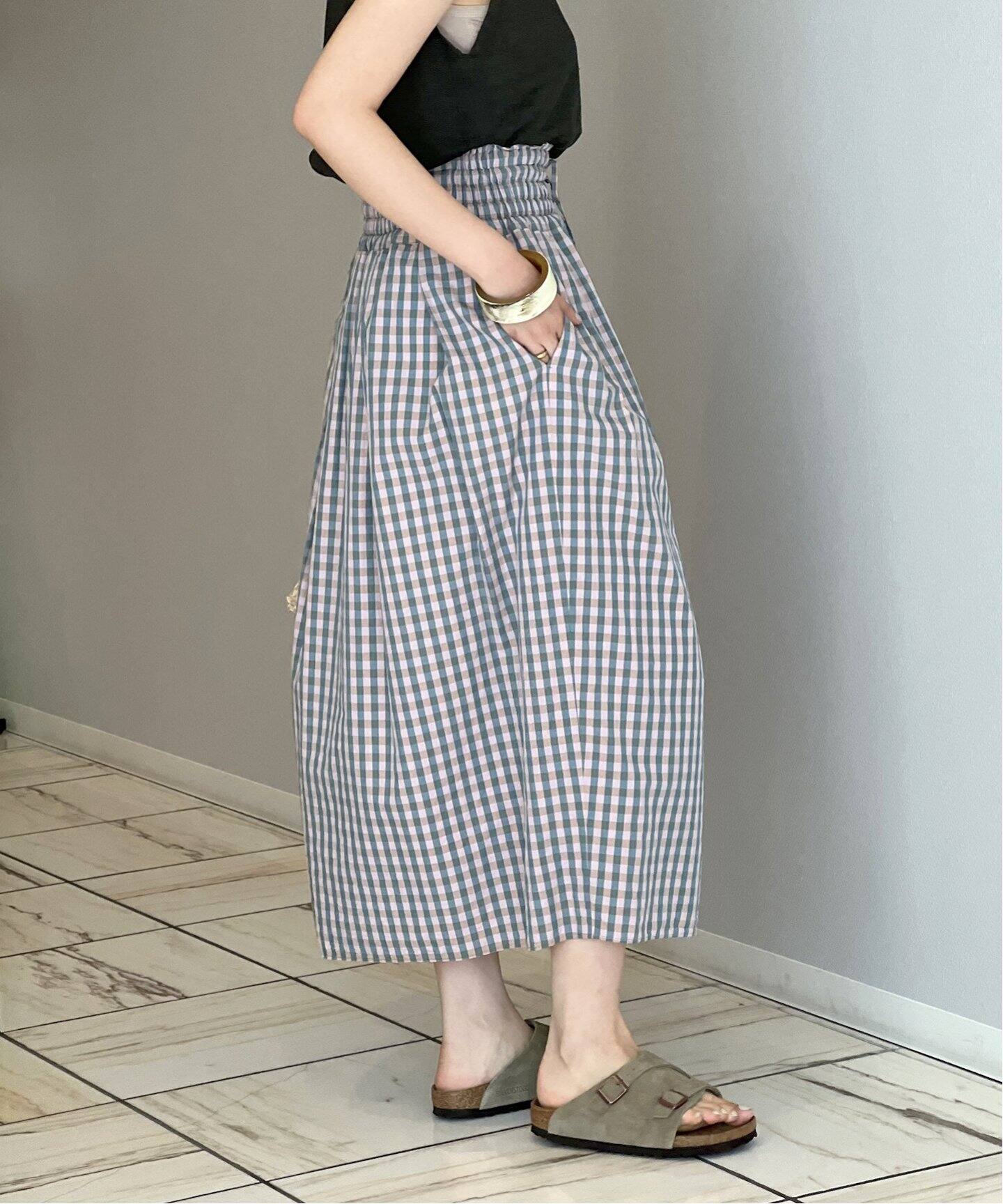IENA LA BOUCLE C/CUギンガムギャザースカート（ロング・マキシ丈  