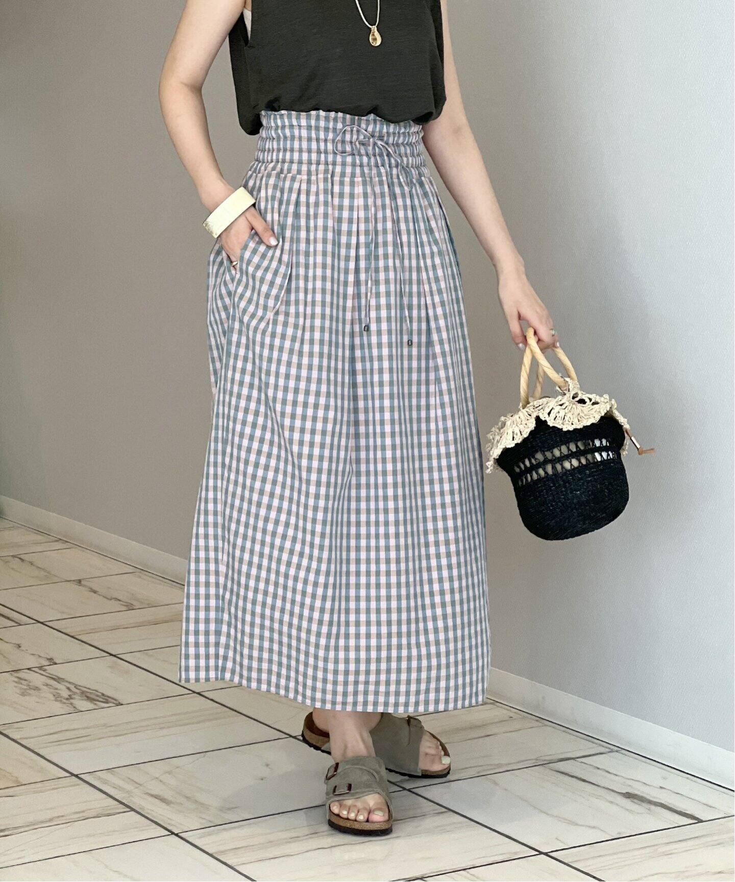 IENA LA BOUCLE C/CUギンガムギャザースカート（ロング・マキシ丈  