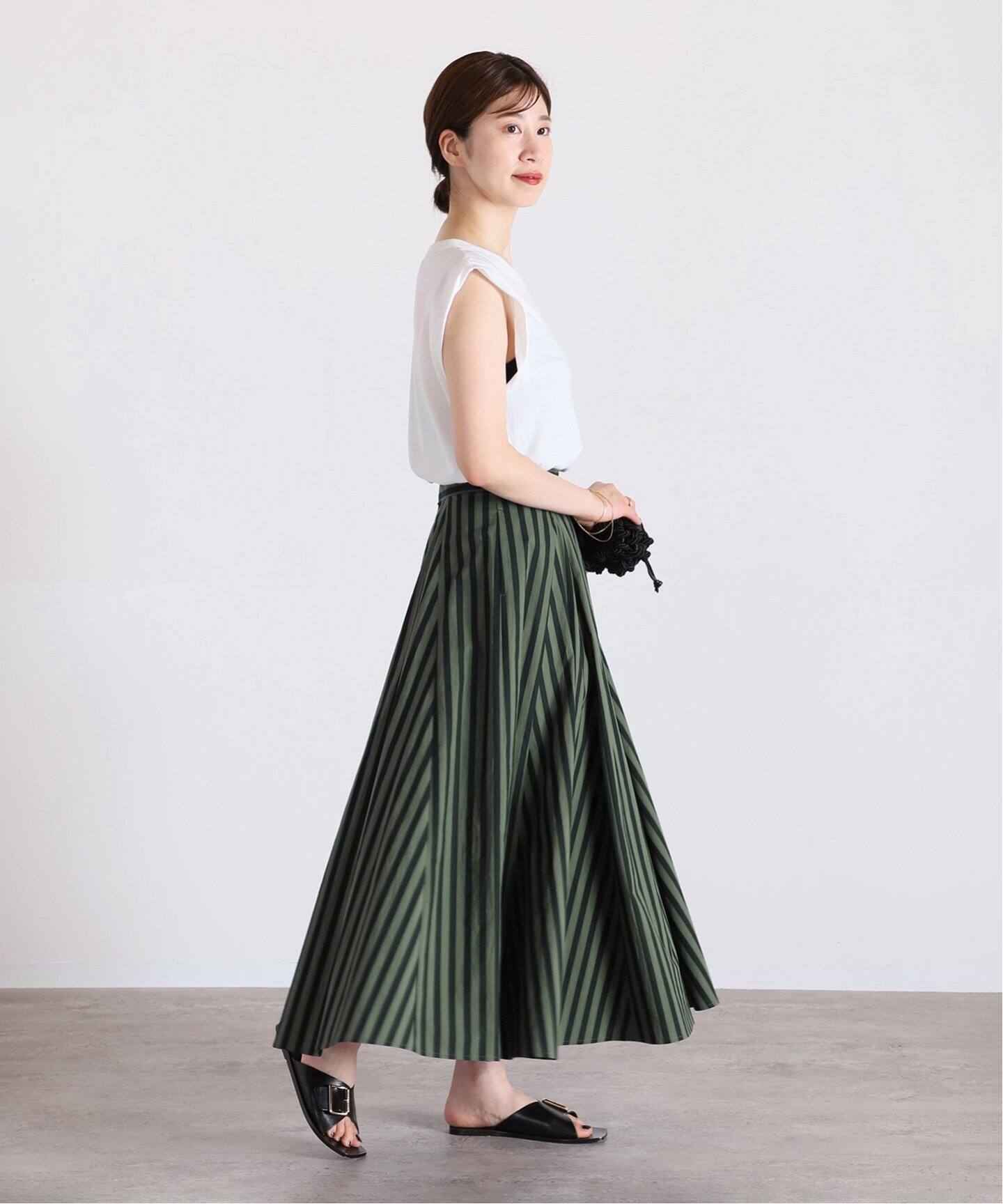 追加》コットンローンストライプフレアスカート（ロング・マキシ丈  