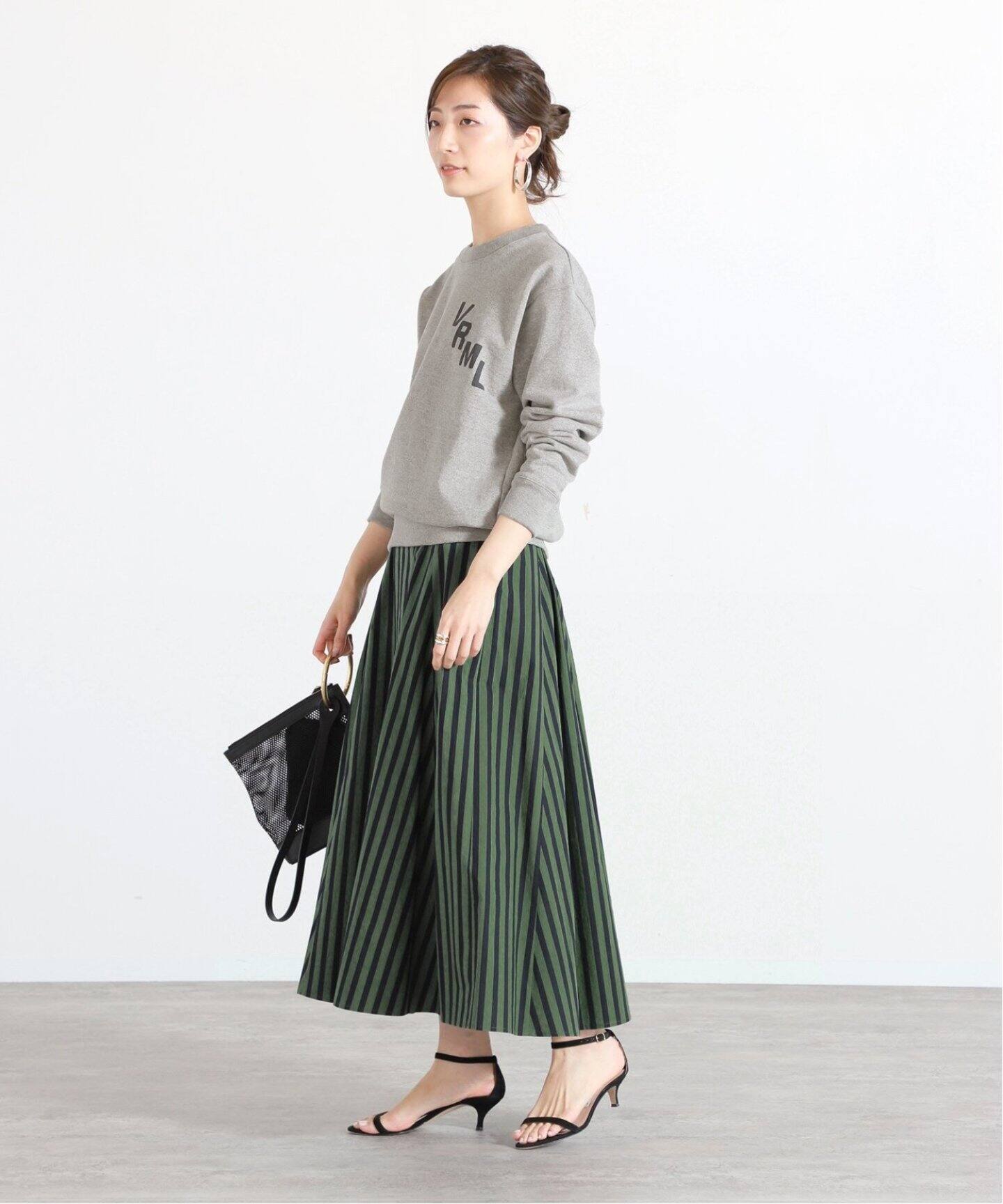 追加》コットンローンストライプフレアスカート（ロング・マキシ丈  