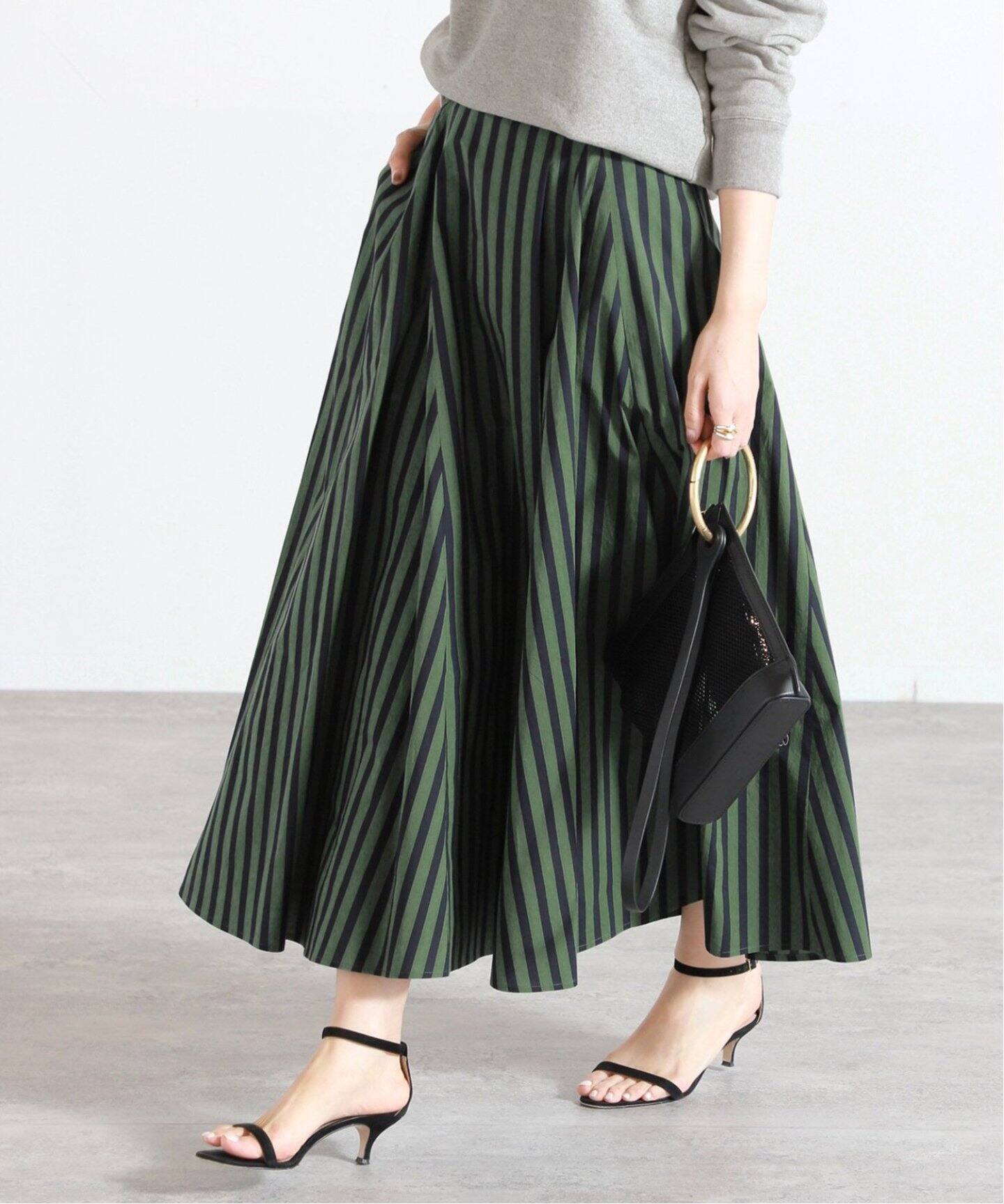 追加》コットンローンストライプフレアスカート（ロング・マキシ丈  