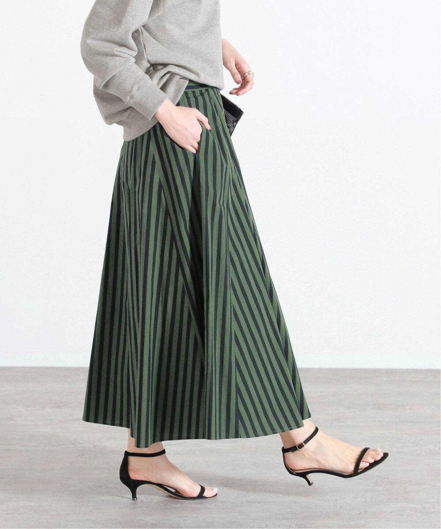 追加》コットンローンストライプフレアスカート（ロング・マキシ丈  
