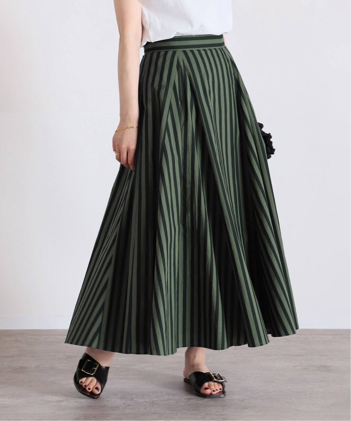 追加》コットンローンストライプフレアスカート（ロング・マキシ丈  