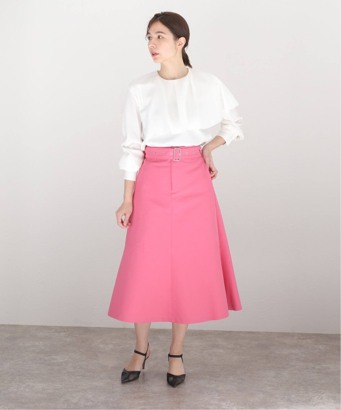 コットンWクロスギャバベルテッドセミフレアスカート（その他スカート  