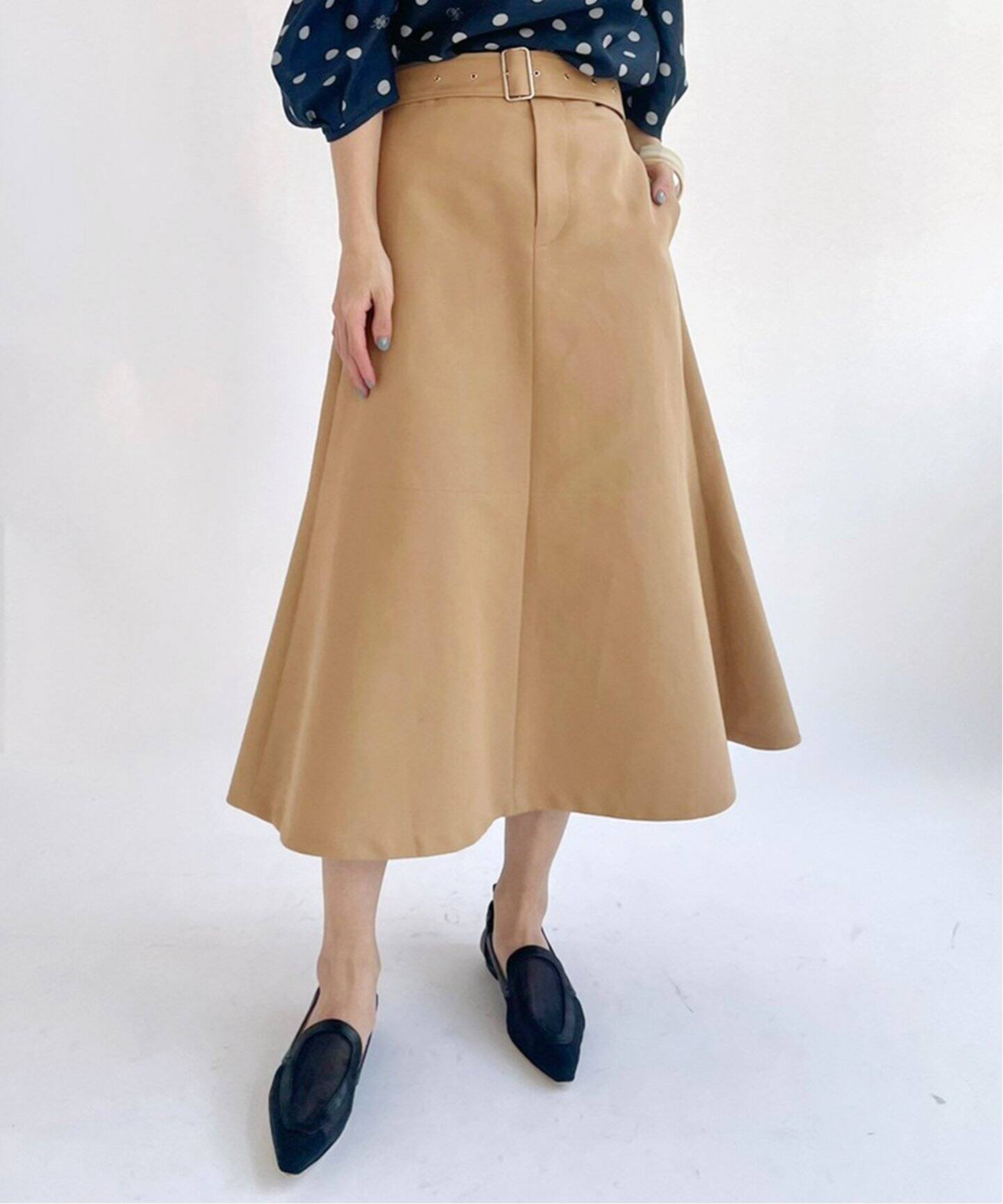 コットンWクロスギャバベルテッドセミフレアスカート（その他スカート  