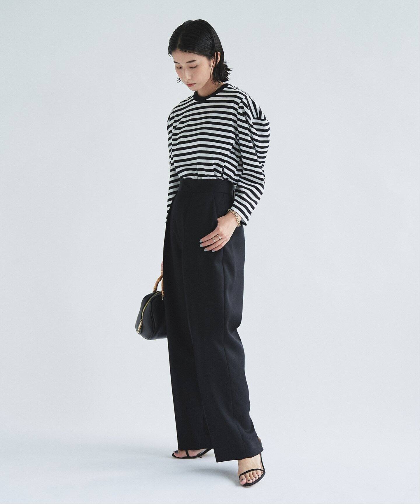 ボーダーパワーショルダーTEE：カットソー（Tシャツ／カットソー 